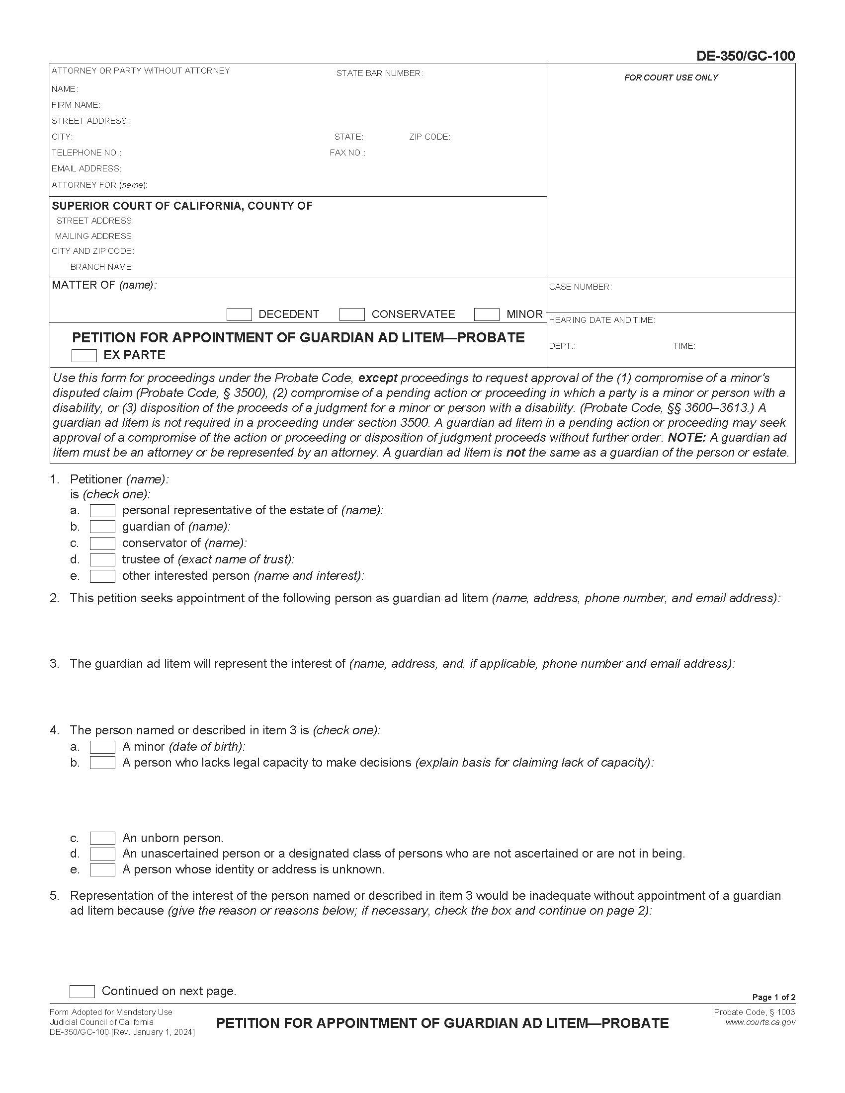 Petition For Appointment Of Guardian Ad Litem-Probate {DE-350-GC-100} | Pdf Fpdf Doc Docx | California