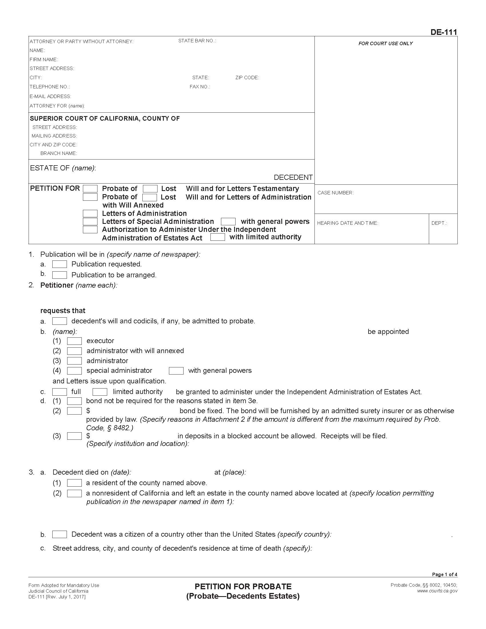 Petition For Probate {DE-111} | Pdf Fpdf Docx | California