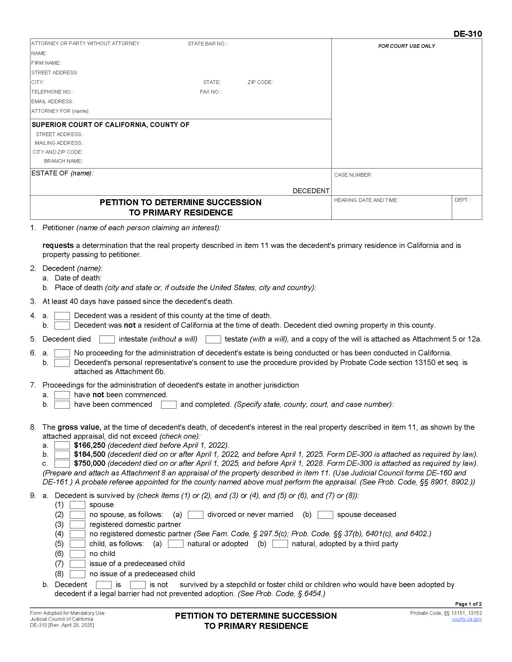 Petition To Determine Sucession To Real Property {DE-310} | Pdf Fpdf Doc Docx | California