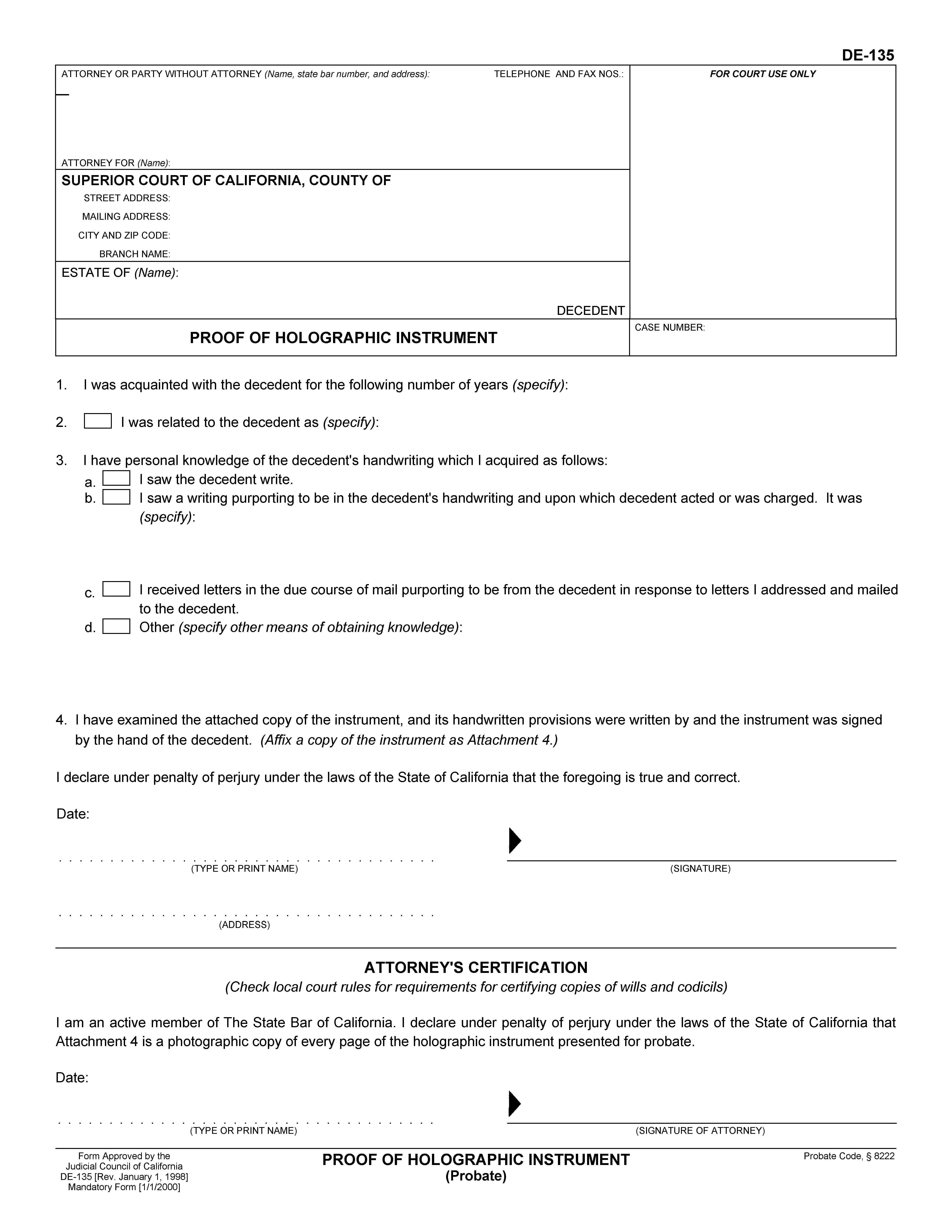 Proof Of Holographic Instrument (Probate) {DE-135} | Pdf Fpdf Doc Docx | California
