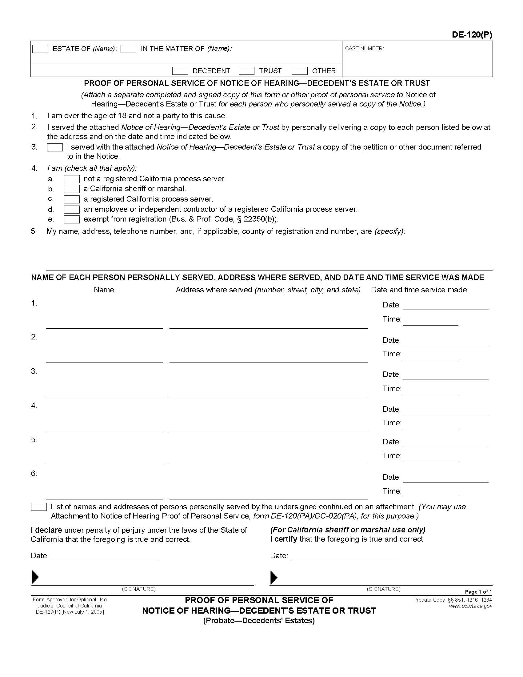 Proof Of Personal Service Of Notice Of Hearing-Decedents Estate Or Trust (Probate-Decendents Estates) {DE-120(P)} | Pdf Fpdf Doc Docx | California