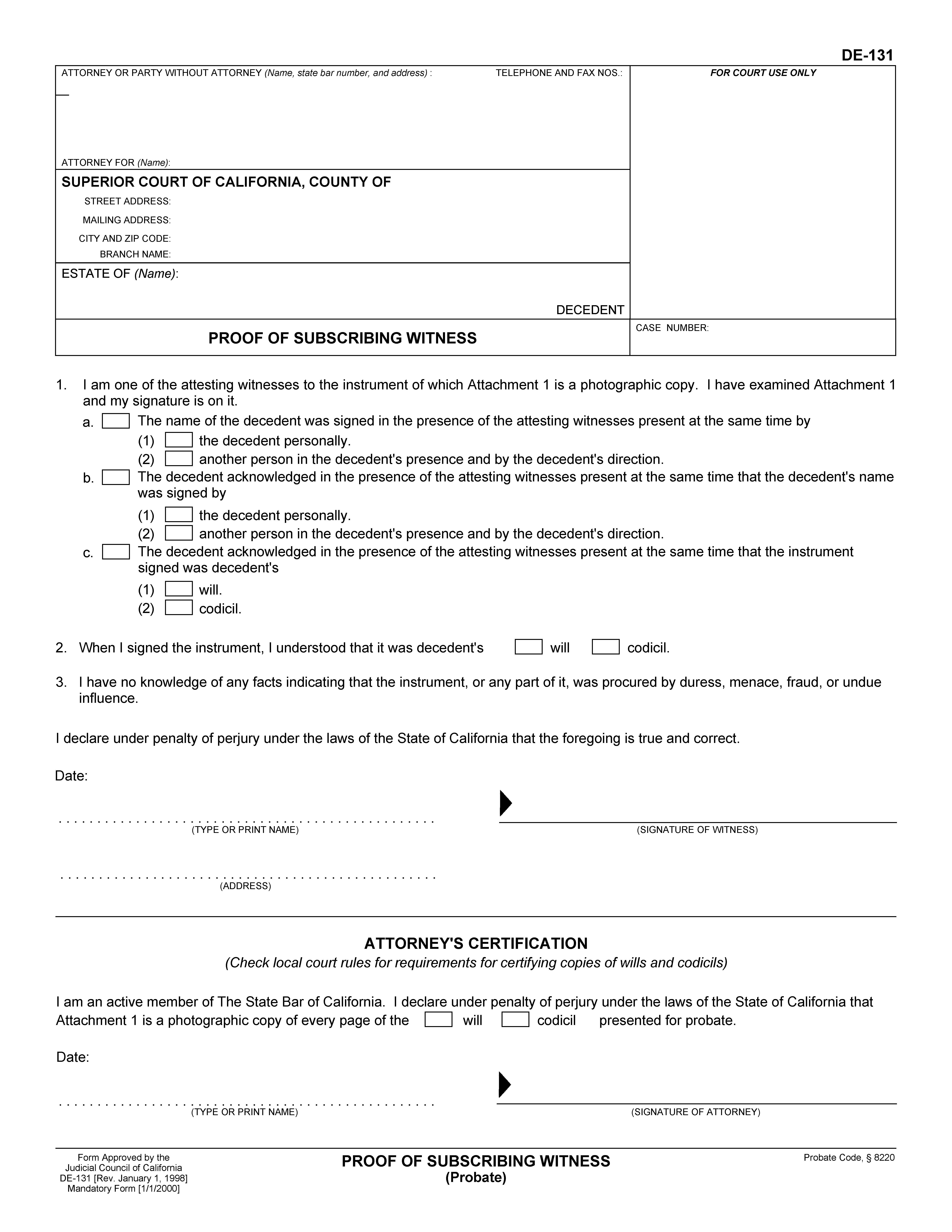 Proof Of Subscribing Witness (Probate) {DE-131} | Pdf Fpdf Doc Docx | California