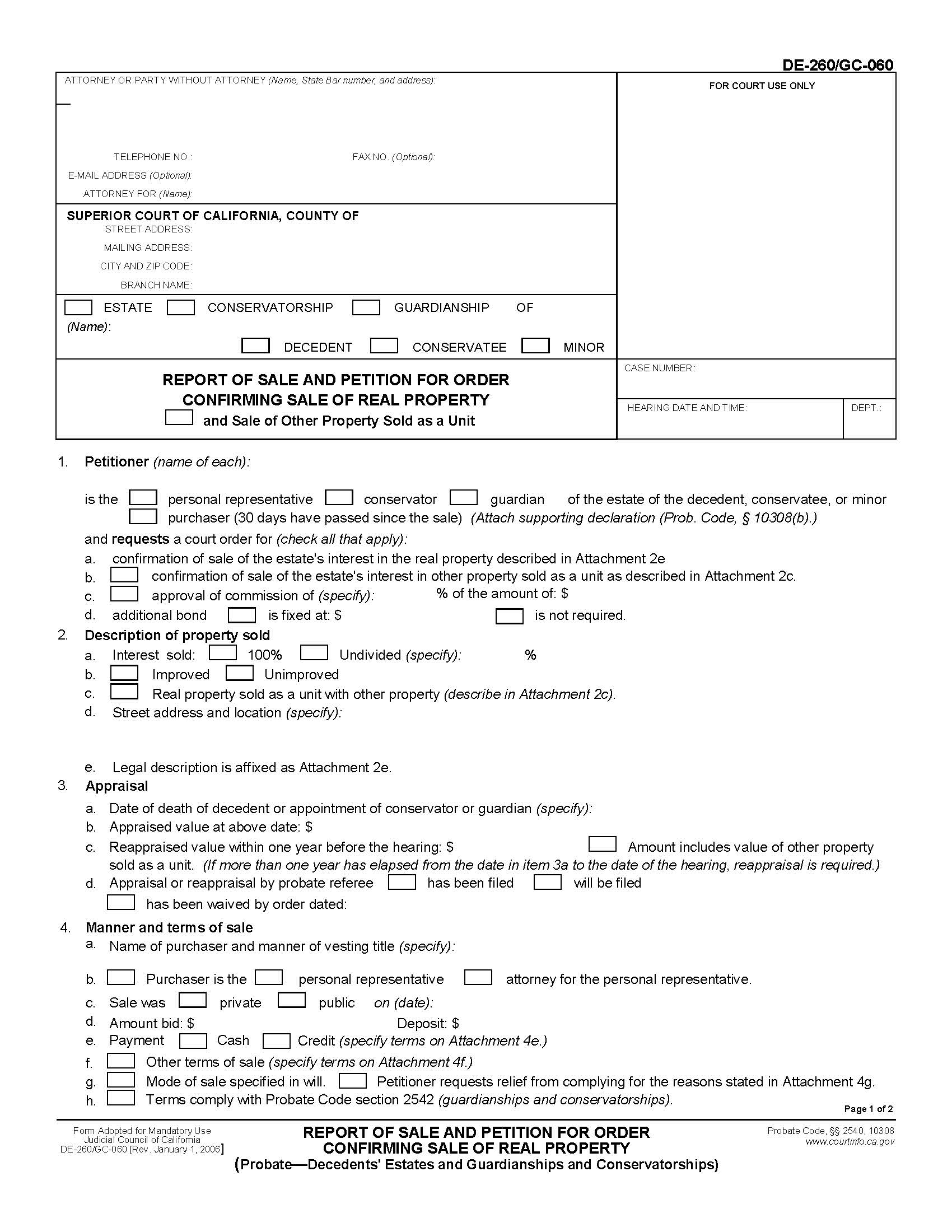Report Of Sale And Petition For Order Confirming Sale Of Real Property (Probate-Decendents Estates) {DE-260 GC-060} | Pdf Fpdf Docx | California