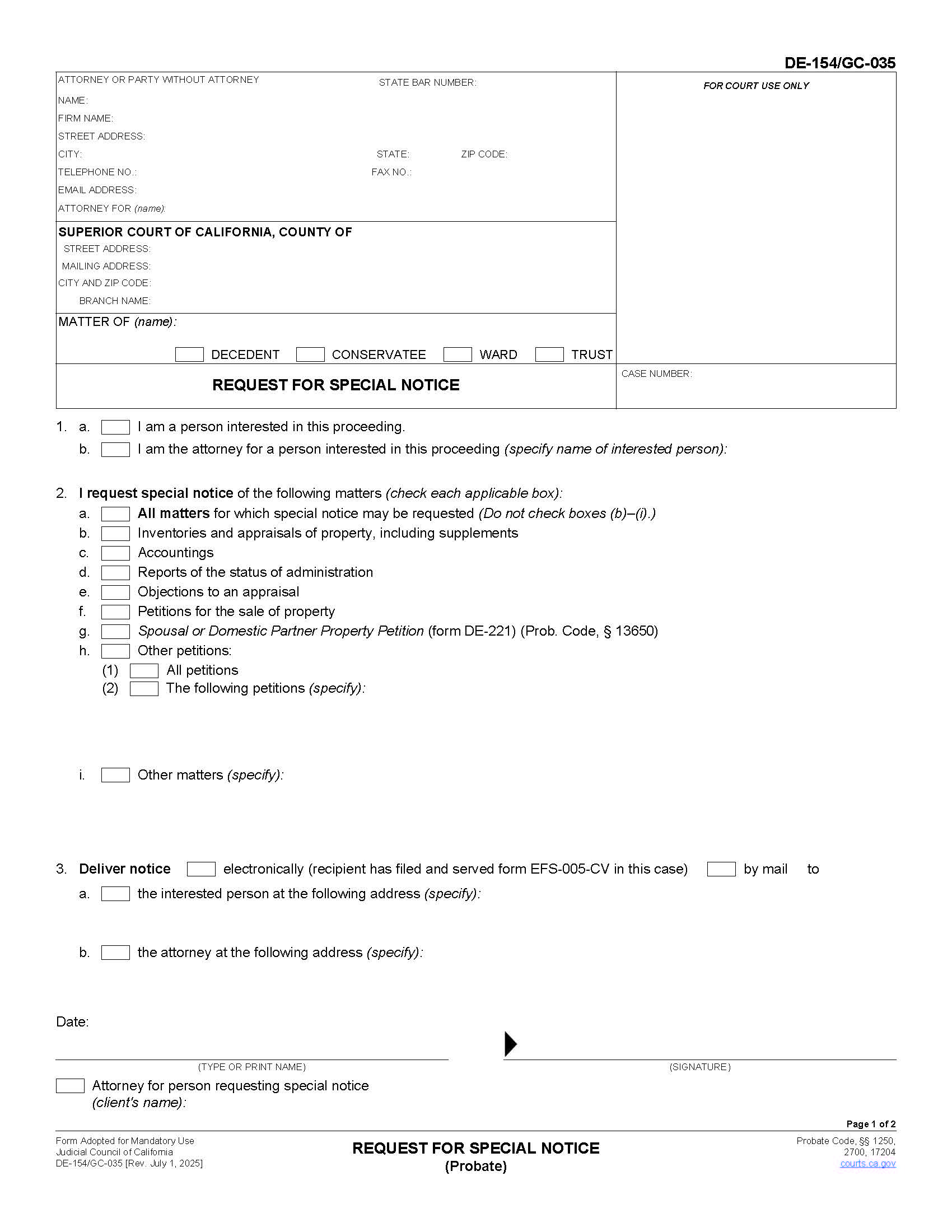 Request For Special Notice (Probate) {DE-154 GC-035} | Pdf Fpdf Doc Docx | California