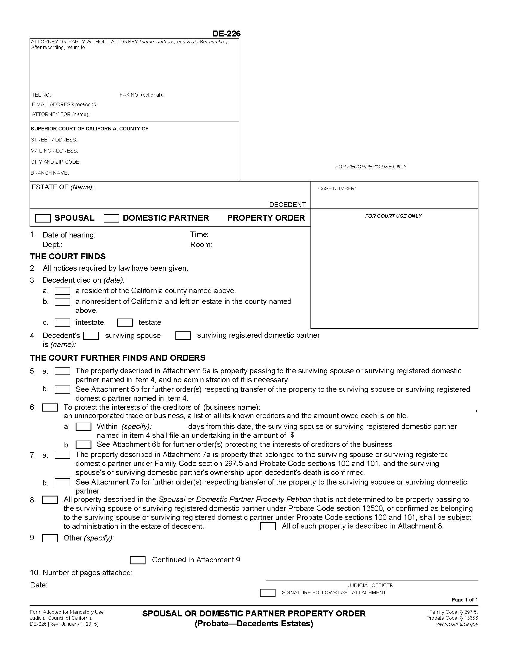 Spousal Or Domestic Partner Property Order {DE-226} | Pdf Fpdf Doc Docx | California