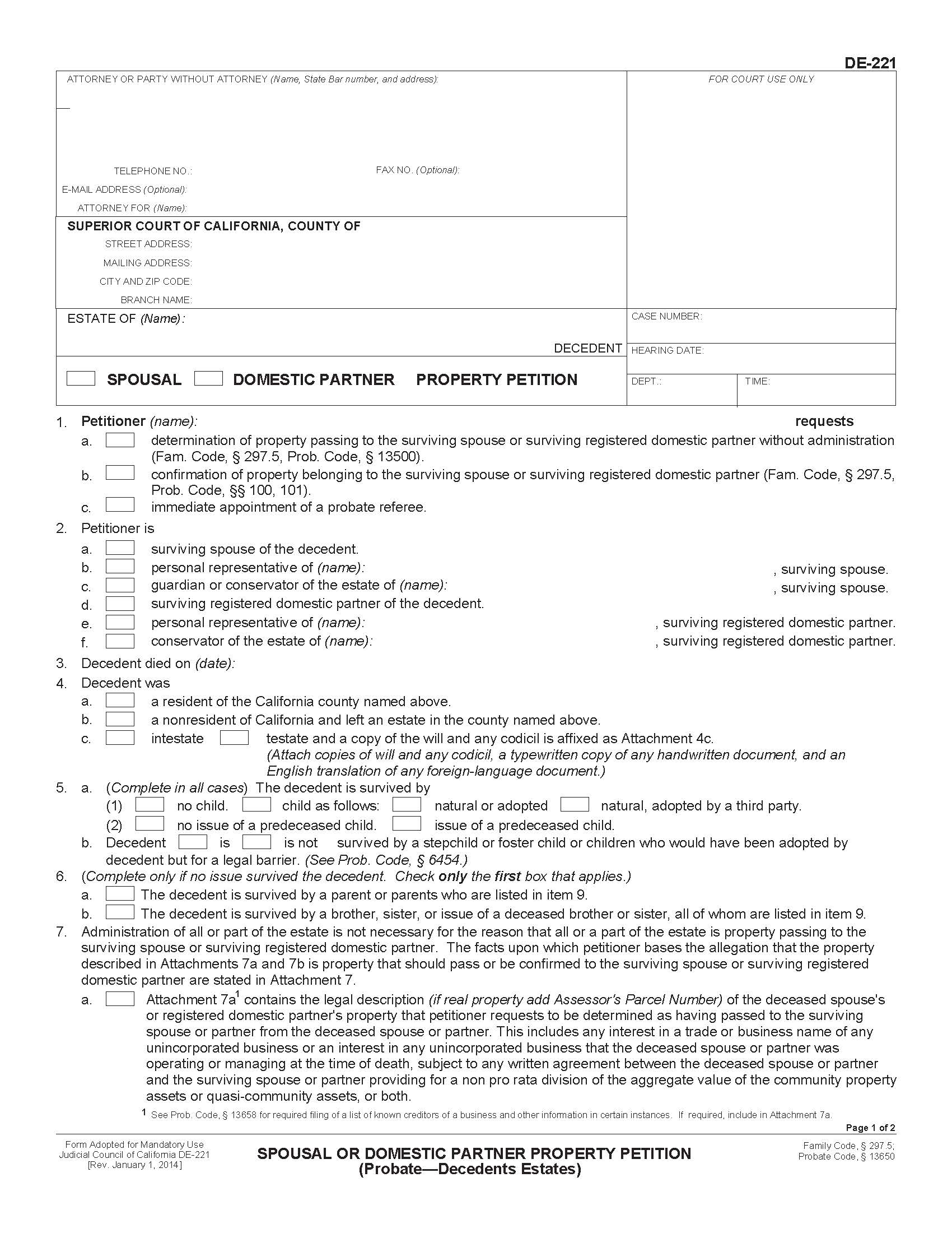 Spousal Or Domestic Partner Property Petition (Probate Decedents Estates) {DE-221} | Pdf Fpdf Doc Docx | California