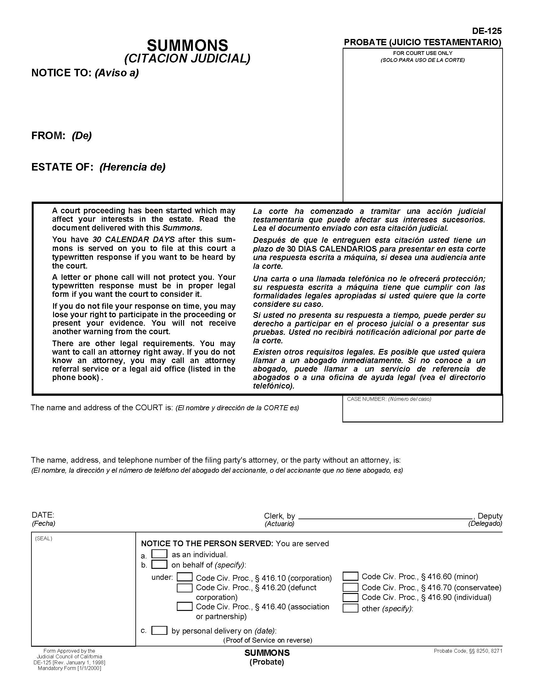Summons (Probate) {DE-125} | Pdf Fpdf Docx | California