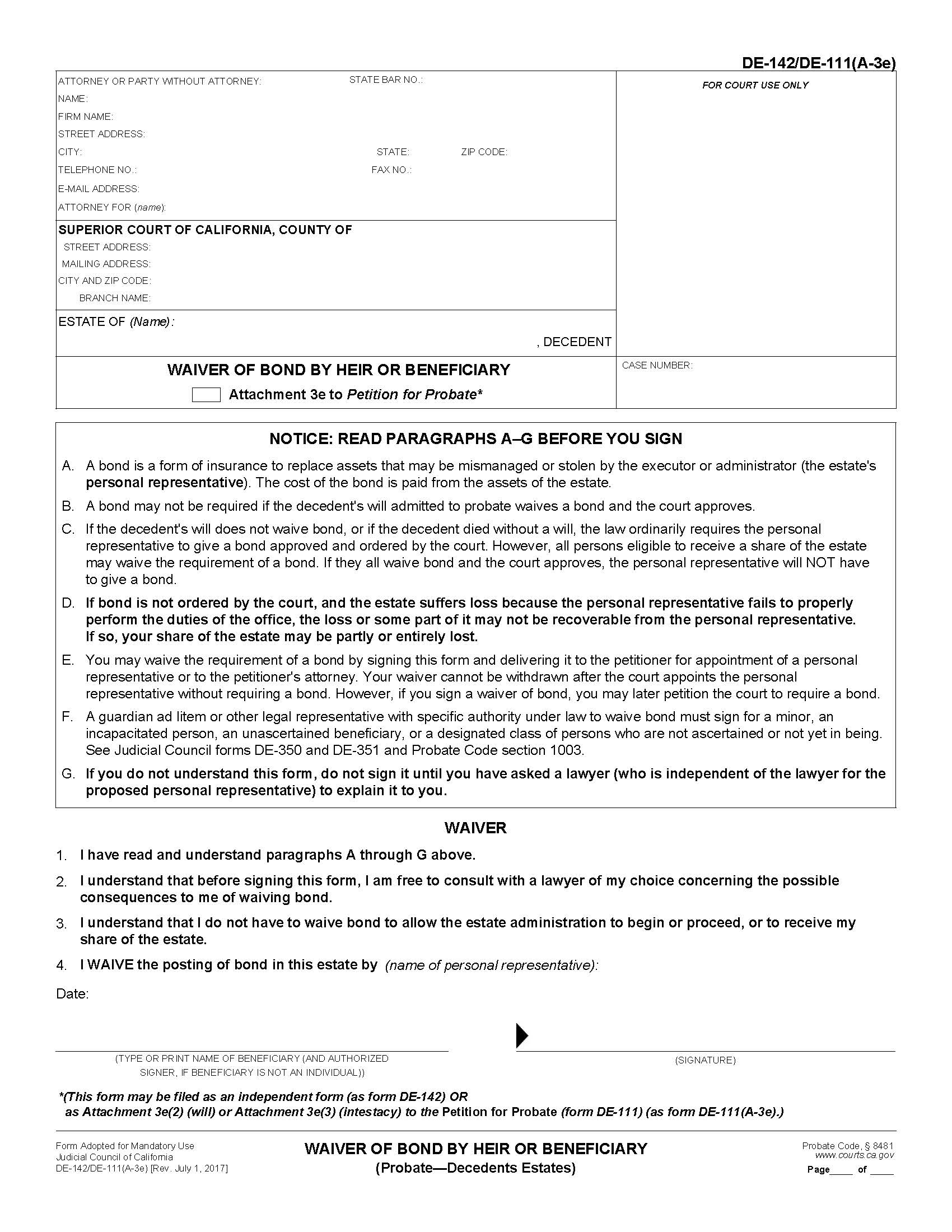 Waiver Of Bond By Heir Or Beneficiary {DE-142 DE-111(A-3d)} | Pdf Fpdf Doc Docx | California
