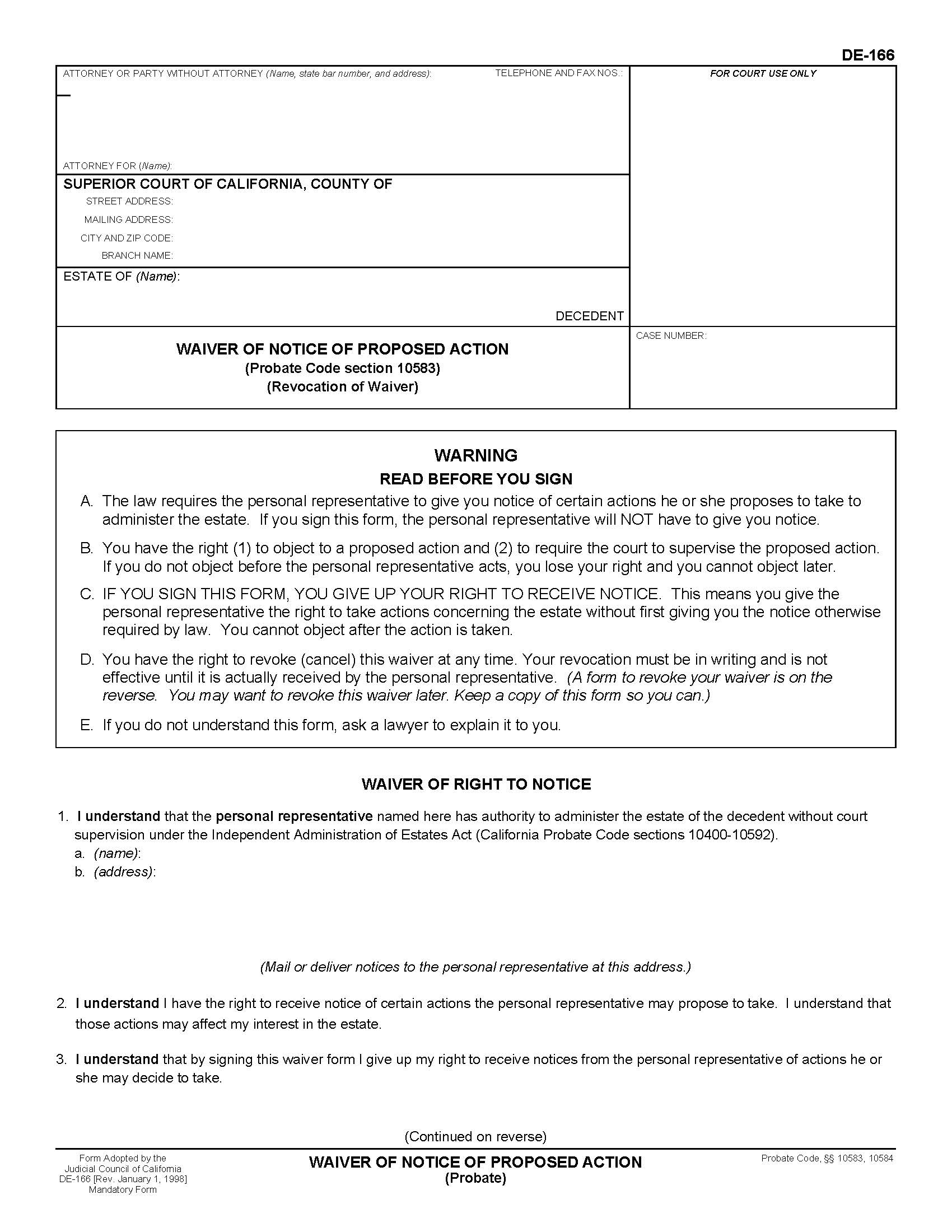 Waiver Of Notice Of Proposed Action (Probate) {DE-166} | Pdf Fpdf Doc Docx | California