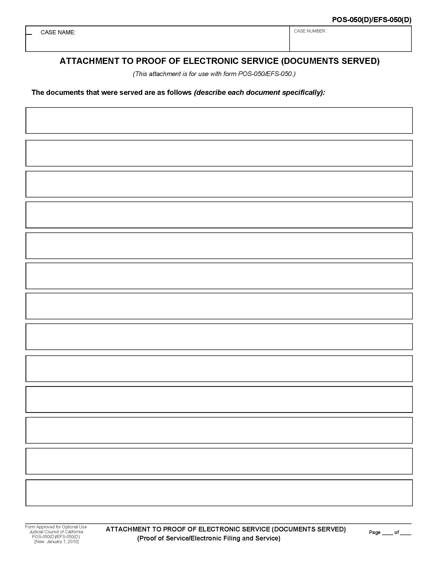 Attachment To Proof Of Electronic Service (Documents Served) {POS-050(D) EFS-050(D)} | Pdf Fpdf Doc Docx | California