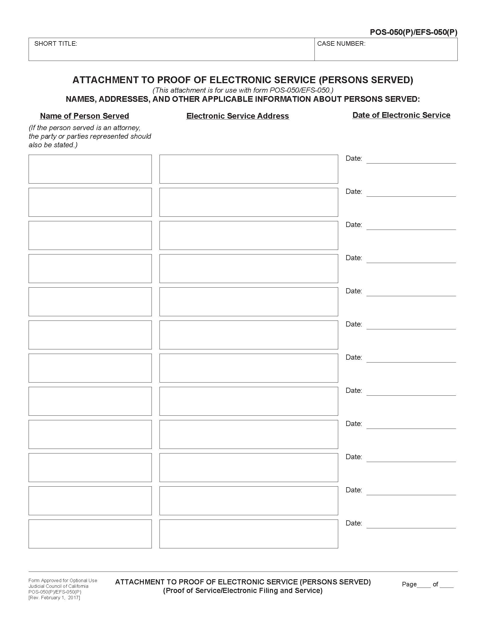 Attachment To Proof Of Electronic Service (Persons Served) {POS-050(P) EFS-050(P)} | Pdf Fpdf Doc Docx | California