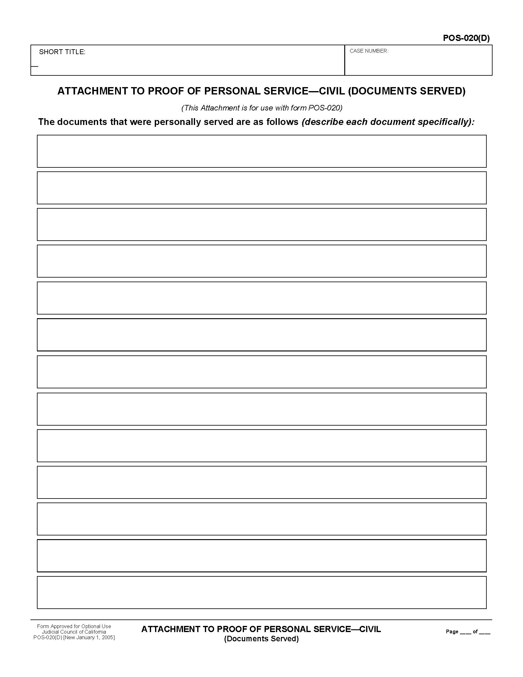 Attachment To Proof Of Personal Service-Civil (Documents Served) {POS-020(D)} | Pdf Fpdf Doc Docx | California