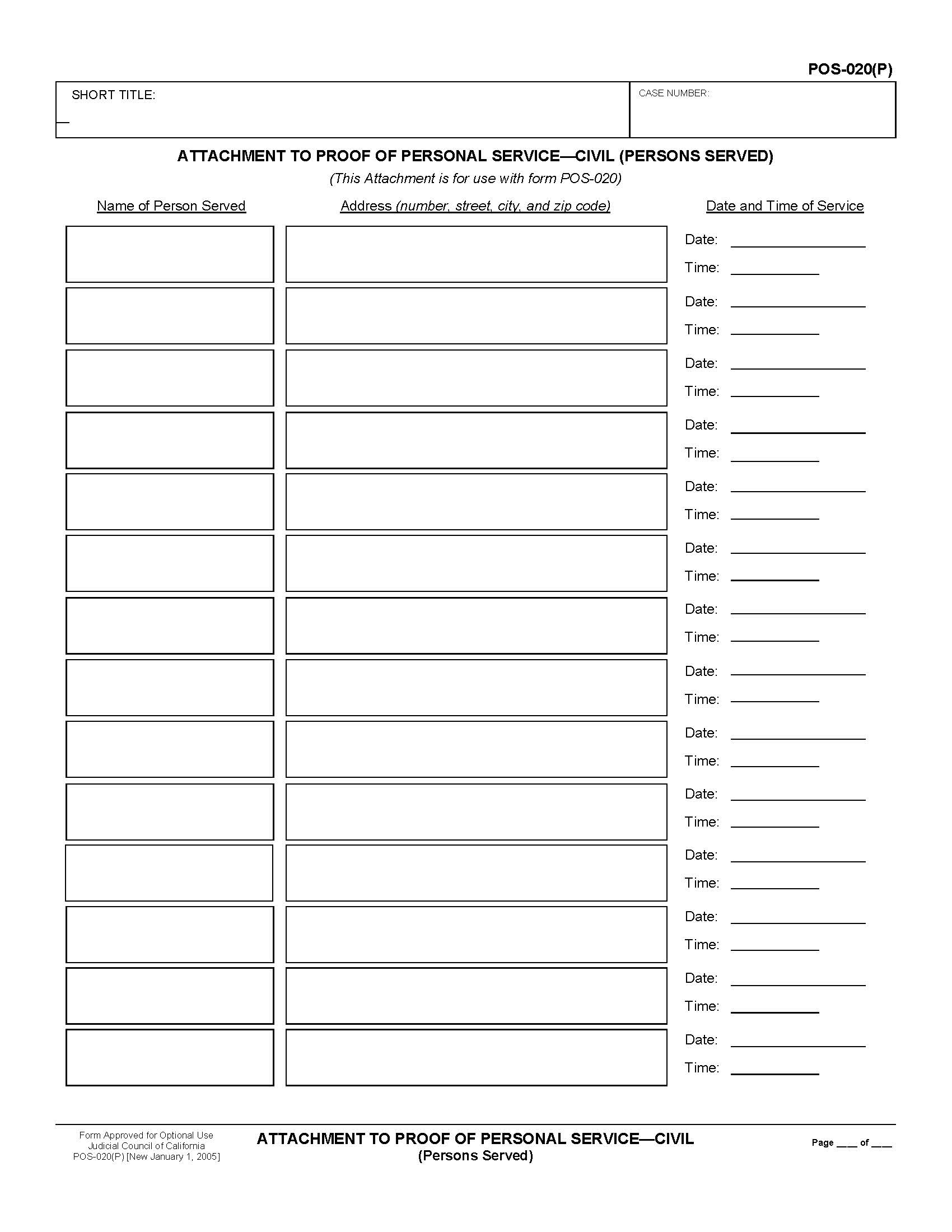Attachment To Proof Of Personal Service-Civil (Persons Served) {POS-020(P)} | Pdf Fpdf Doc Docx | California