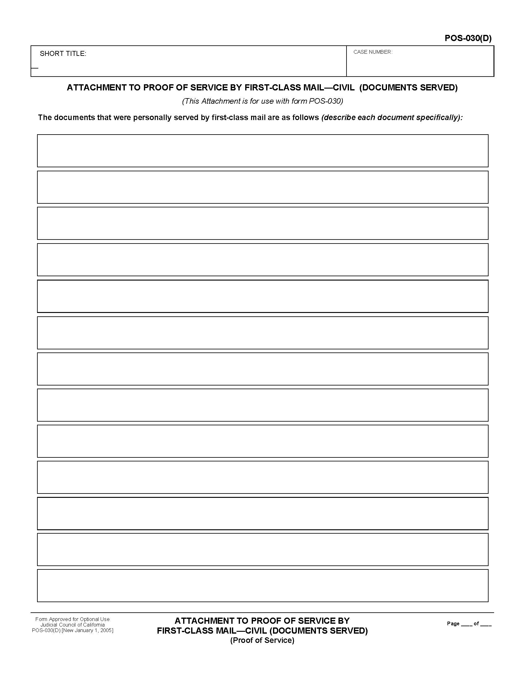 Attachment To Proof Of Service By First Class Mail-Civil (Documents Service) (Proof Of Service) {POS-030(D)} | Pdf Fpdf Doc Docx | California