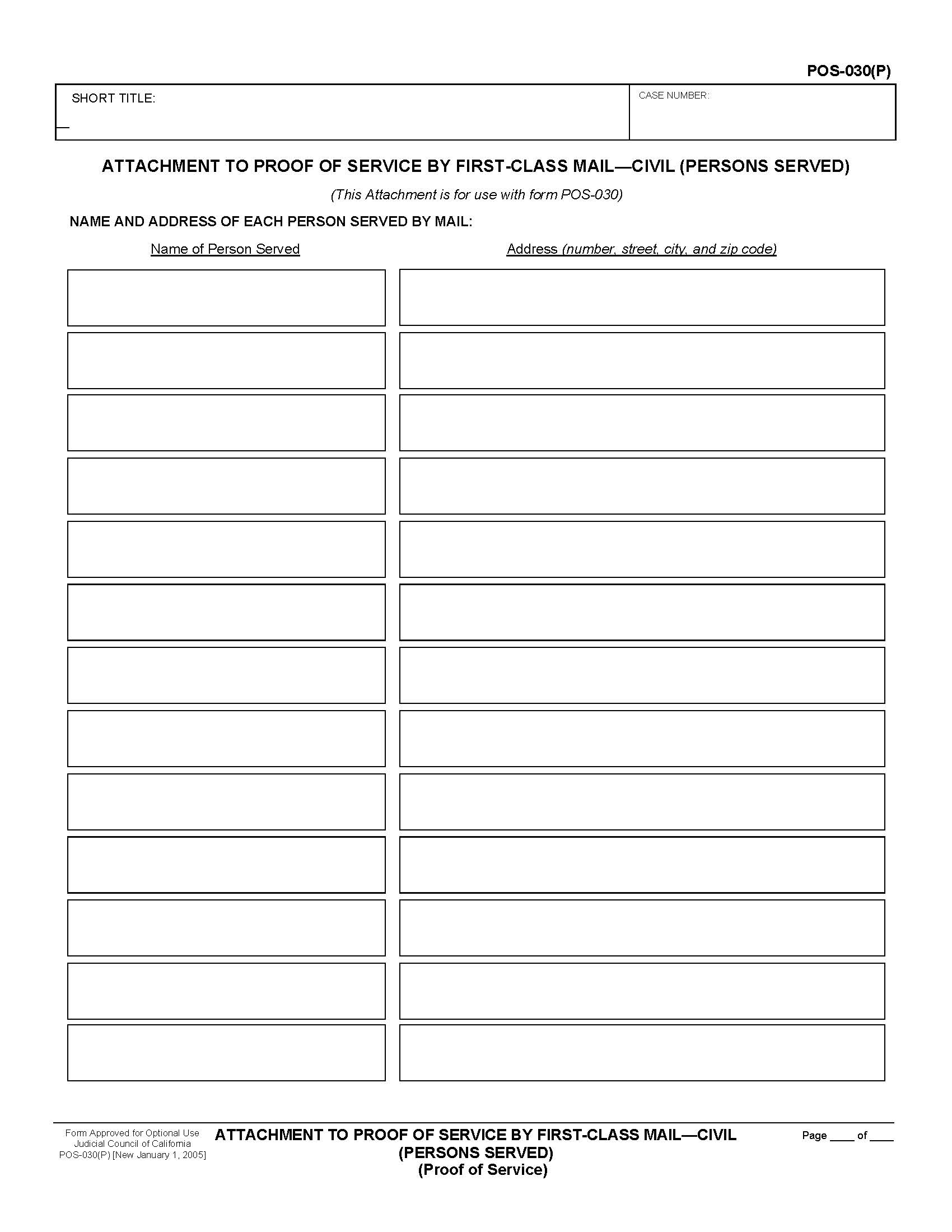 Attachment To Proof Of Service By First-Class Mail-Civil (Persons Served) (Proof Of Service) {POS-030(P)} | Pdf Fpdf Doc Docx | California