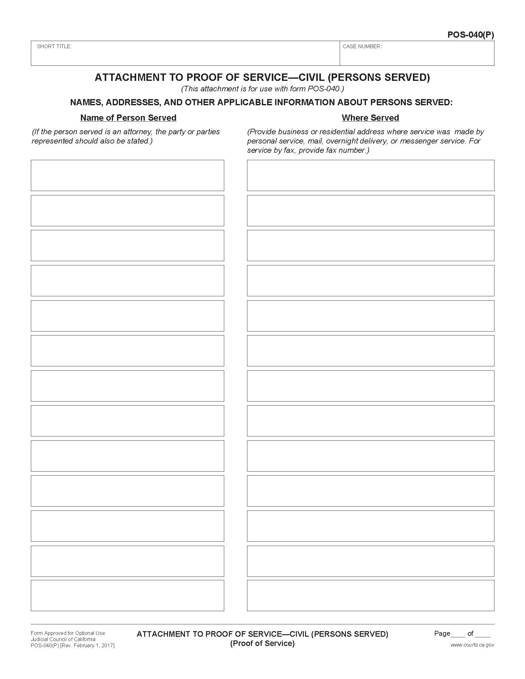 Attachment To Proof Of Service-Civil (Persons Served) {POS-040(P)} | Pdf Fpdf Doc Docx | California