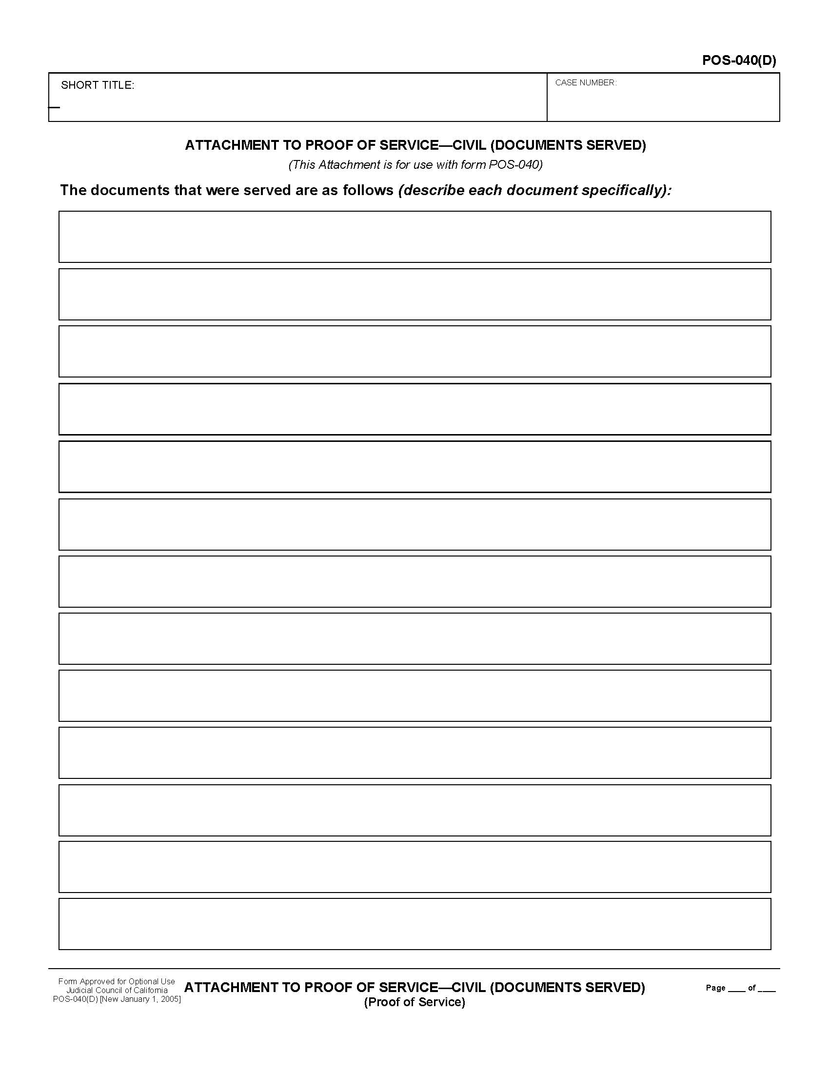Attachment To Proof Of Service-Civl (Documents Served) (Proof Of Service) {POS-040(D)} | Pdf Fpdf Doc Docx | California