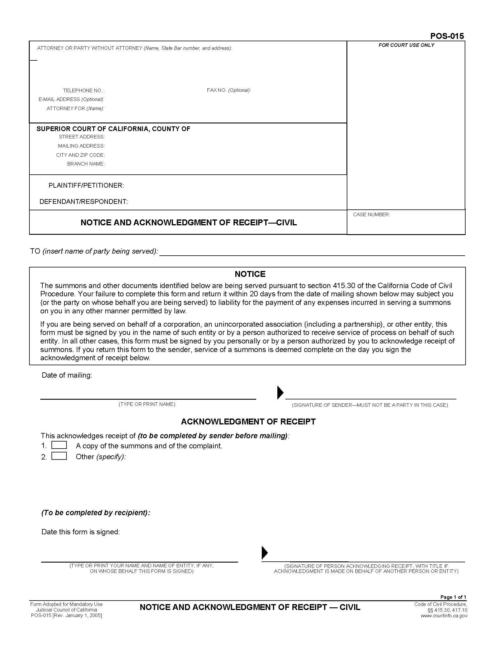 Notice And Acknowledgment Of Receipt-Civil {POS-015} | Pdf Fpdf Doc Docx | California
