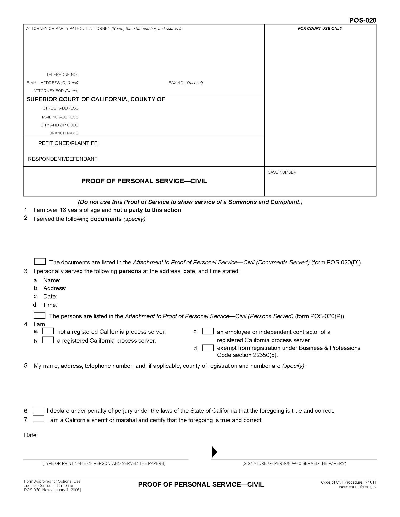 Proof Of Personal Service-Civil {POS-020} | Pdf Fpdf Doc Docx | California