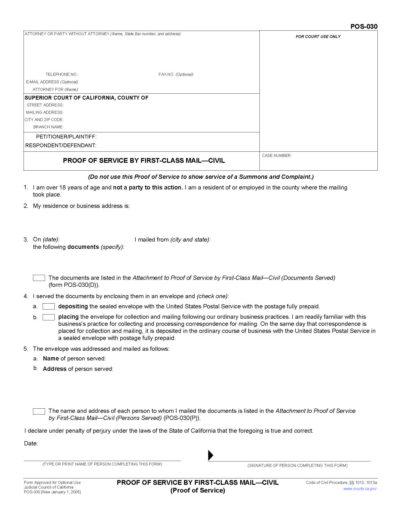 Proof Of Service By First-Class Mail-Civil (Proof Of Service) {POS-030} | Pdf Fpdf Doc Docx | California