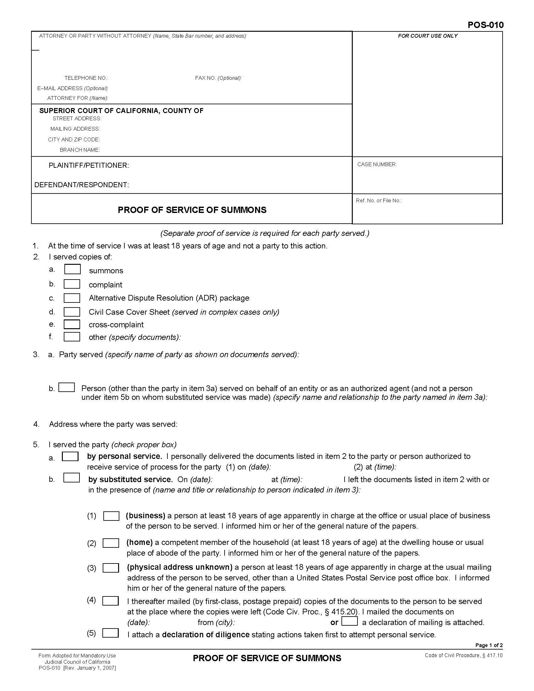 Proof Of Service Of Summons {POS-010} | Pdf Fpdf Doc Docx | California