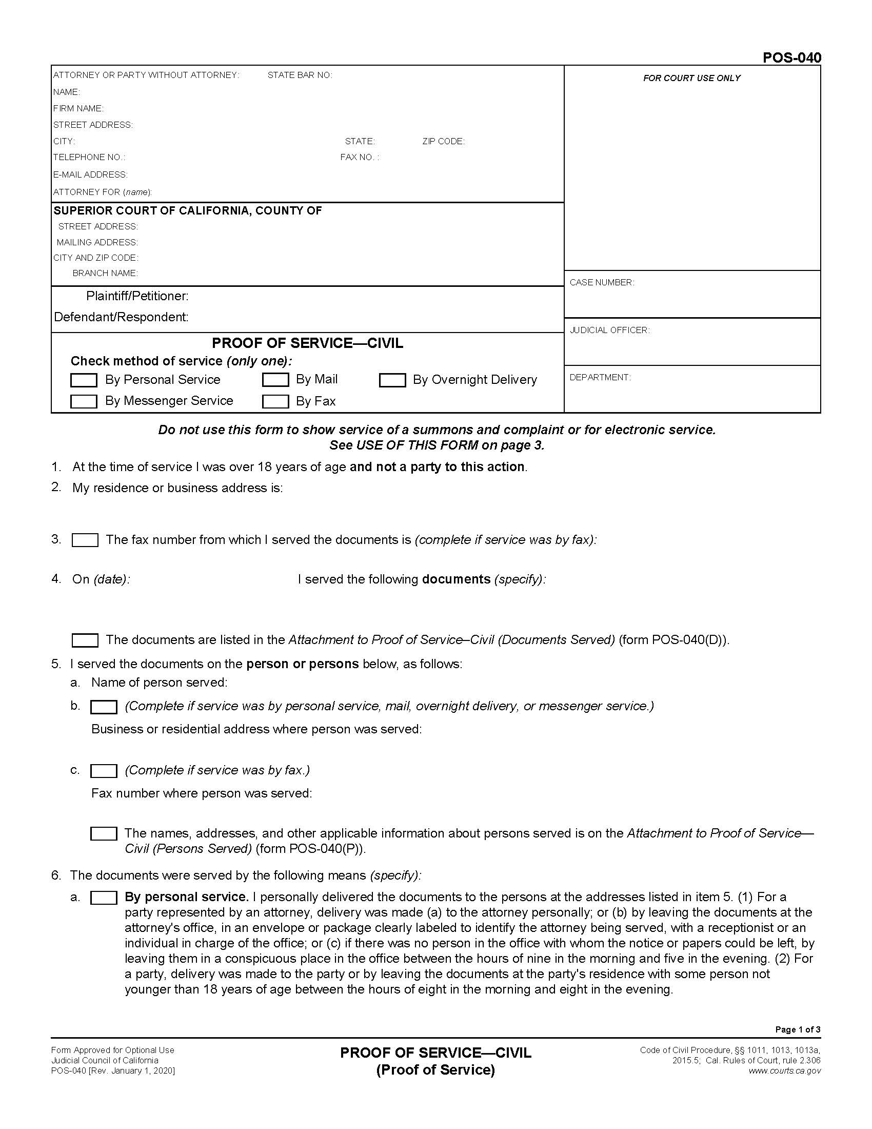 Proof Of Service-Civil (Proof Of Service) {POS-040} | Pdf Fpdf Doc Docx | California