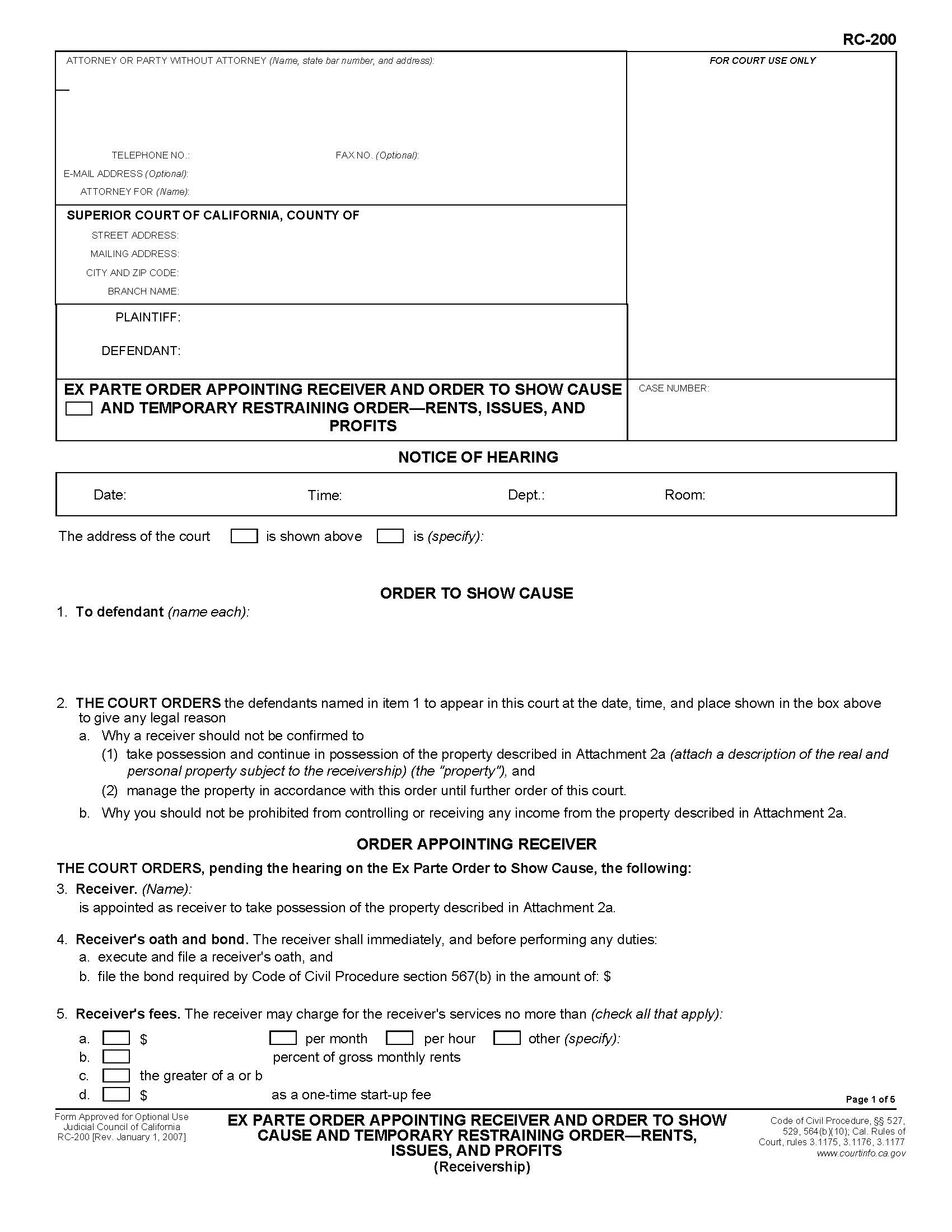 Ex Parte Order Appointing Receiver And Order To Show Cause And Temporary Restraining Order Rents Issues And Profits (Receivership) {RC-200} | Pdf Fpdf Doc Docx | California