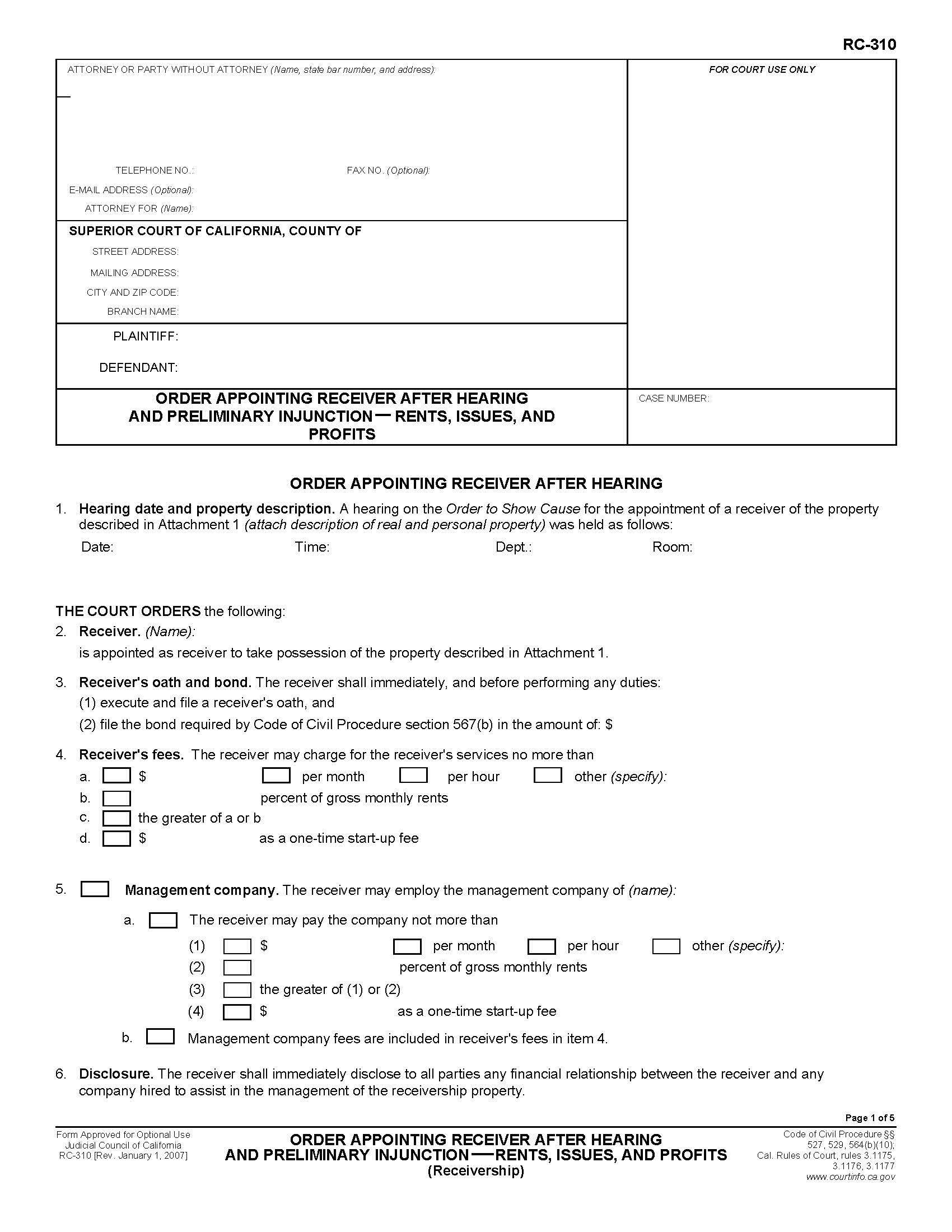 Order Appointment Receiver After Hearing And Preliminary Injunction Rents Issues And Profits {RC-310} | Pdf Fpdf Doc Docx | California