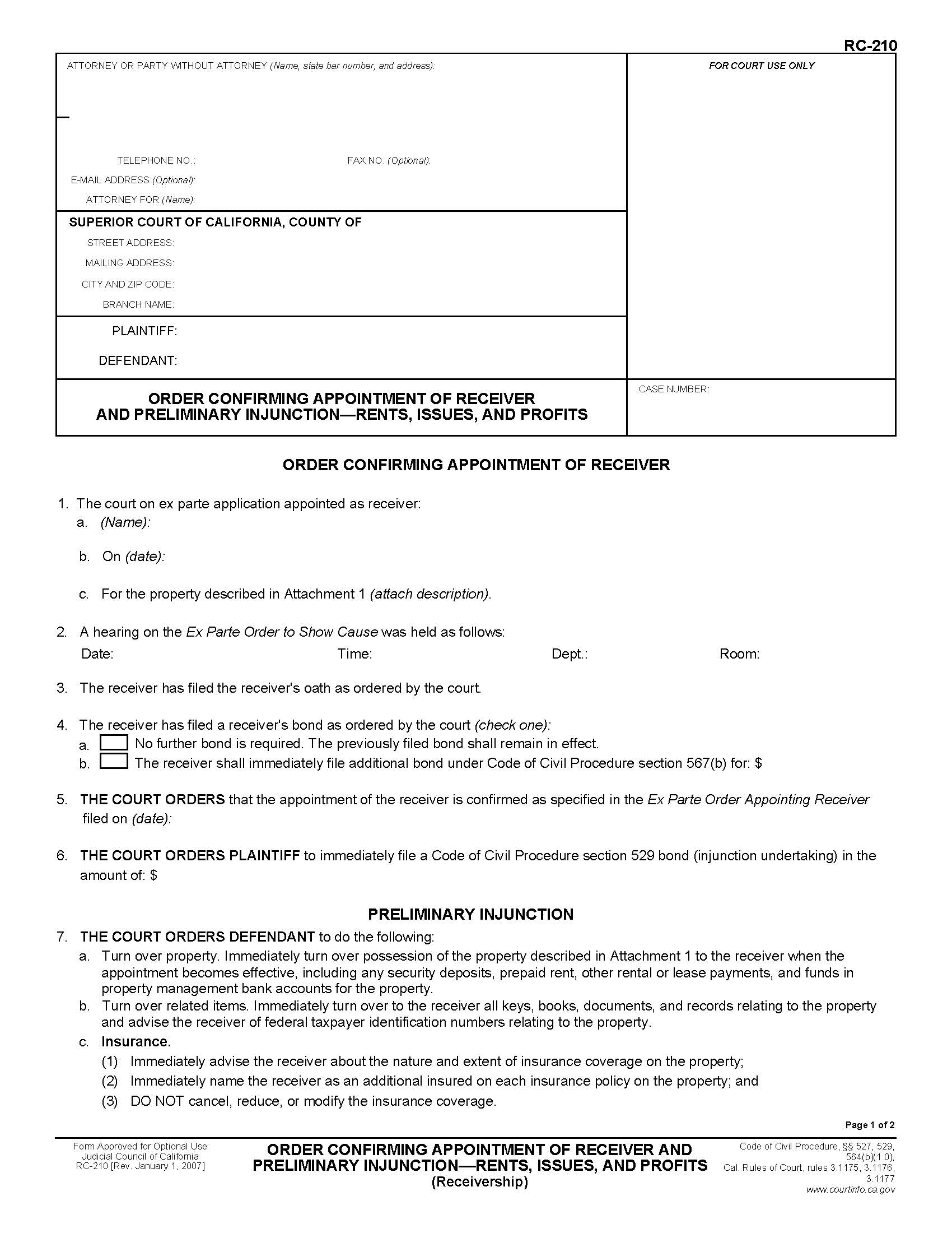 Order Confirming Appointment Of Receiver And Preliminary Injunction Rents Issues And Profits (Receivership) {RC-210} | Pdf Fpdf Doc Docx | California
