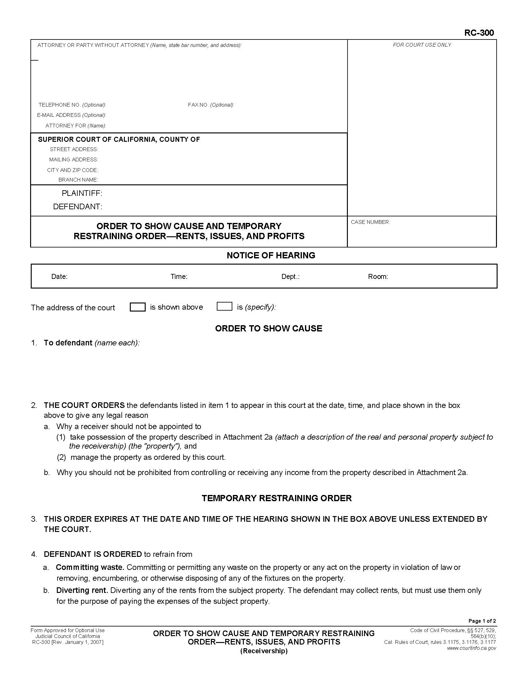 Order To Show Cause And Temporary Restraining Order Rents Issues And Profits {RC-300} | Pdf Fpdf Doc Docx | California