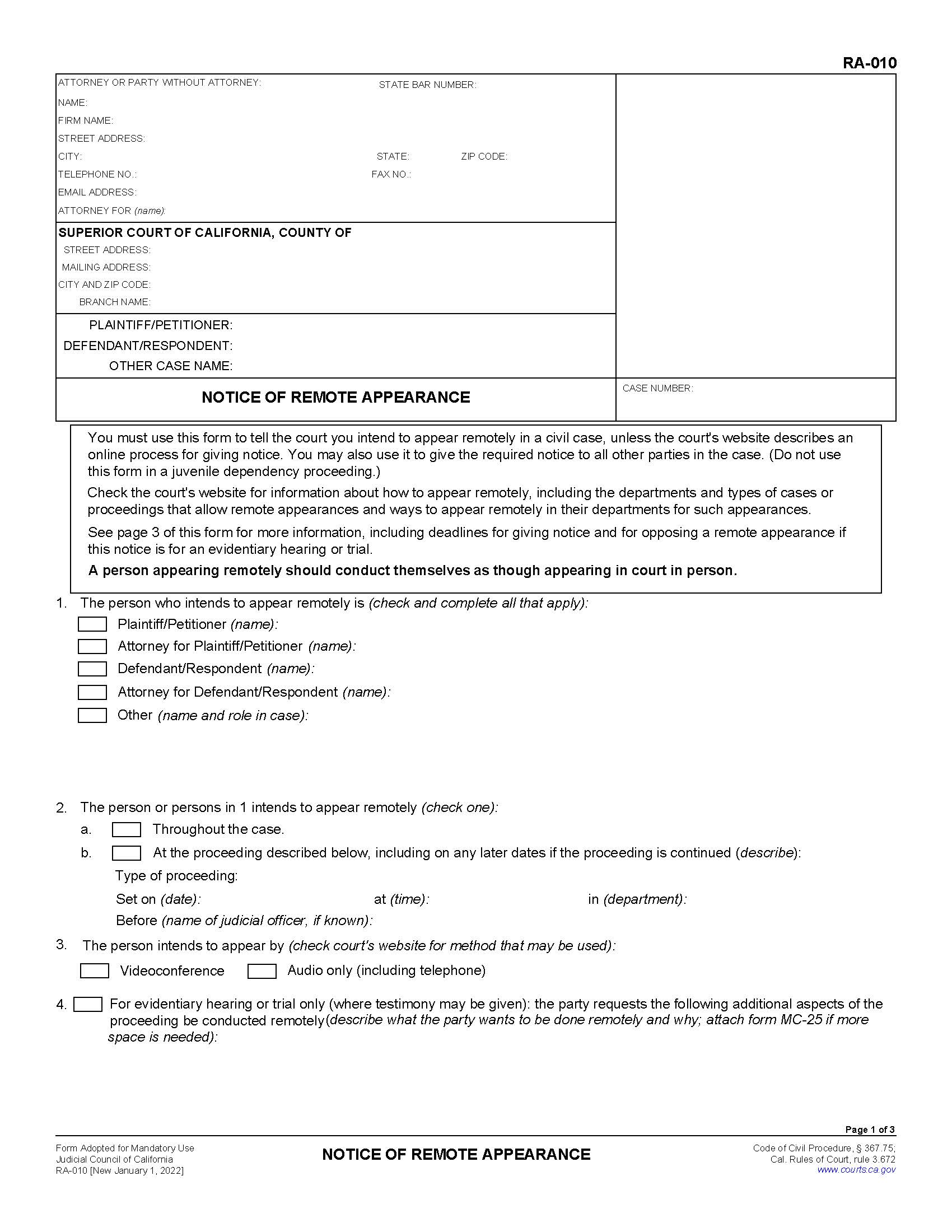 Notice Of Remote Appearance (Remote Appearance) {RA-010} | Pdf Fpdf Docx | California