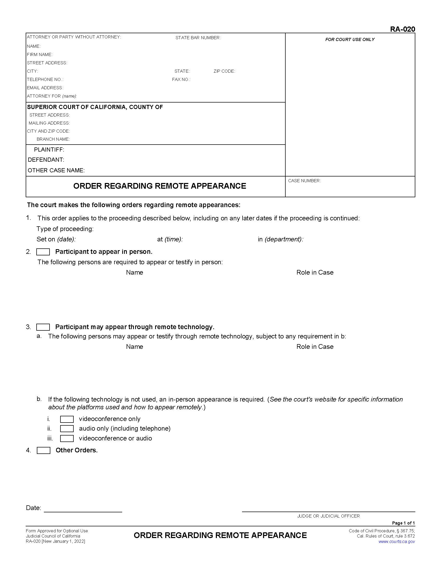 Order Regarding Remote Appearance (Remote Appearance) {RA-020} | Pdf Fpdf Docx | California