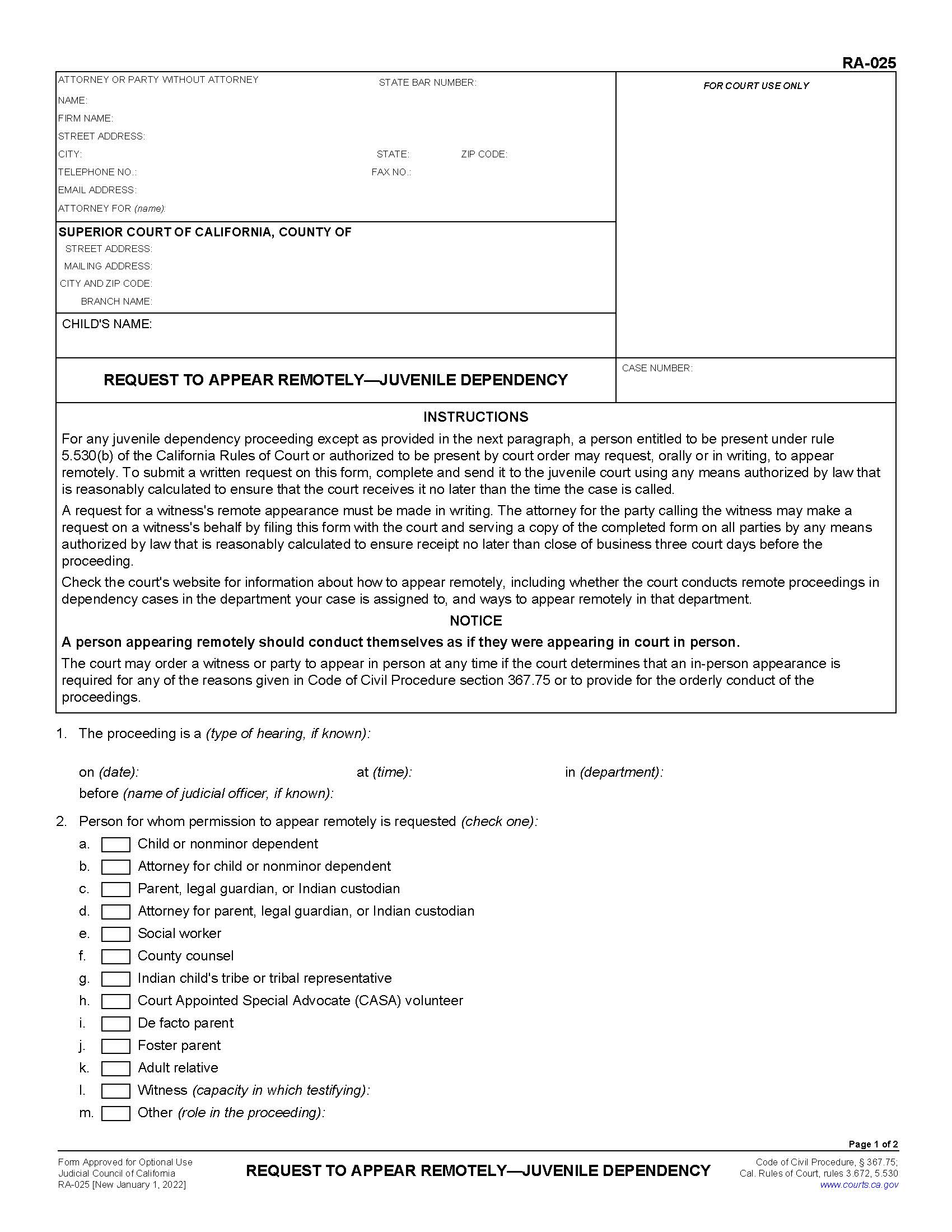 Request To Appear Remotely-Juvenile Dependency (Remote Appearance) {RA-025} | Pdf Fpdf Docx | California