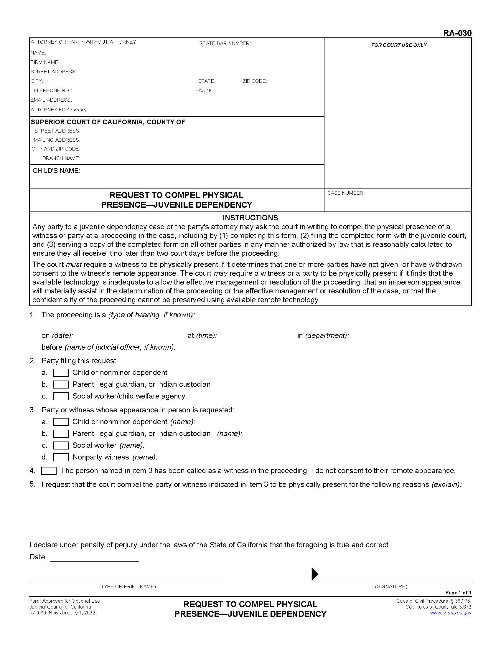 Request To Compel Physical Presence-Juvenile Dependency (Remote Appearance) {RA-030} | Pdf Fpdf Docx | California