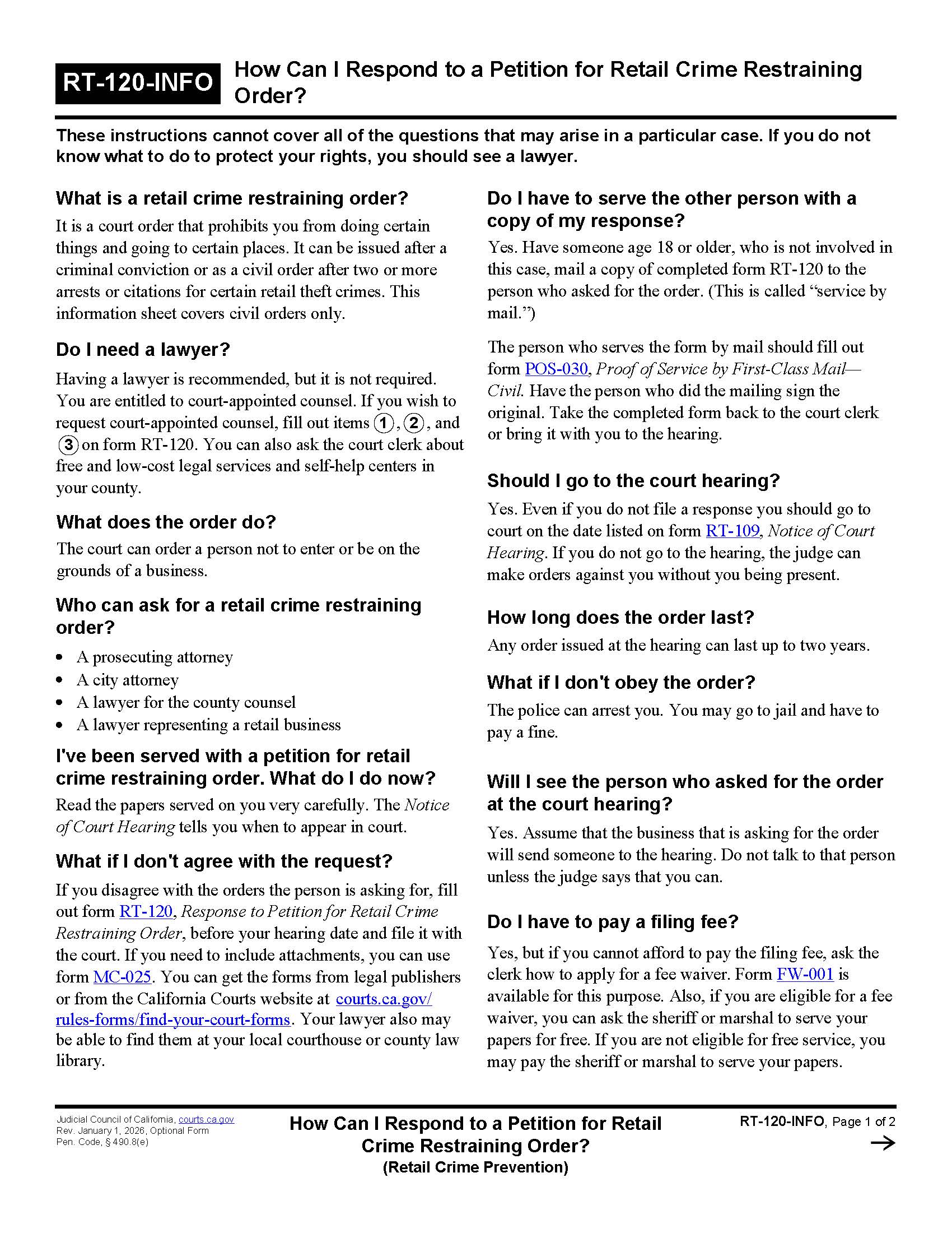 How Can I Respond To A Petition For Retail Crime Restraining Order {RT-120-INFO} | Pdf Fpdf Docx | California