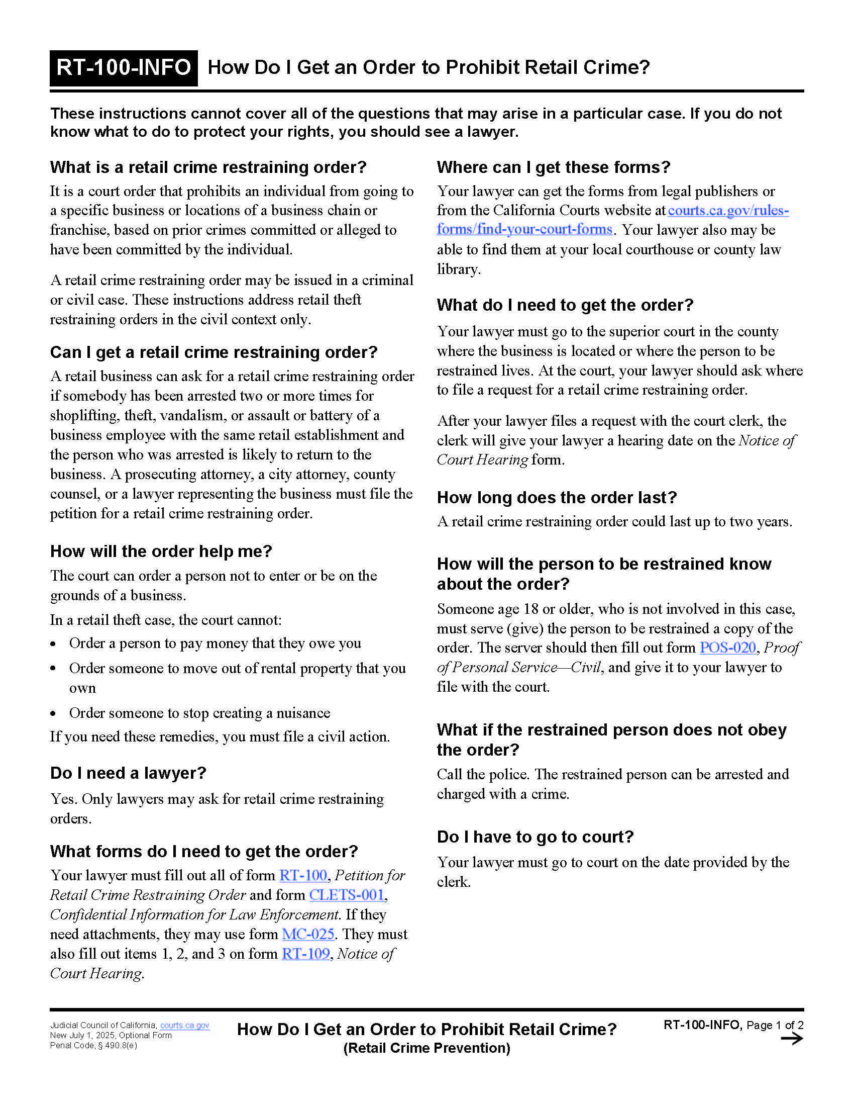 How Do I Get And Order To Prohibit Retail Crime {RT-100-INFO} | Pdf Fpdf Docx | California