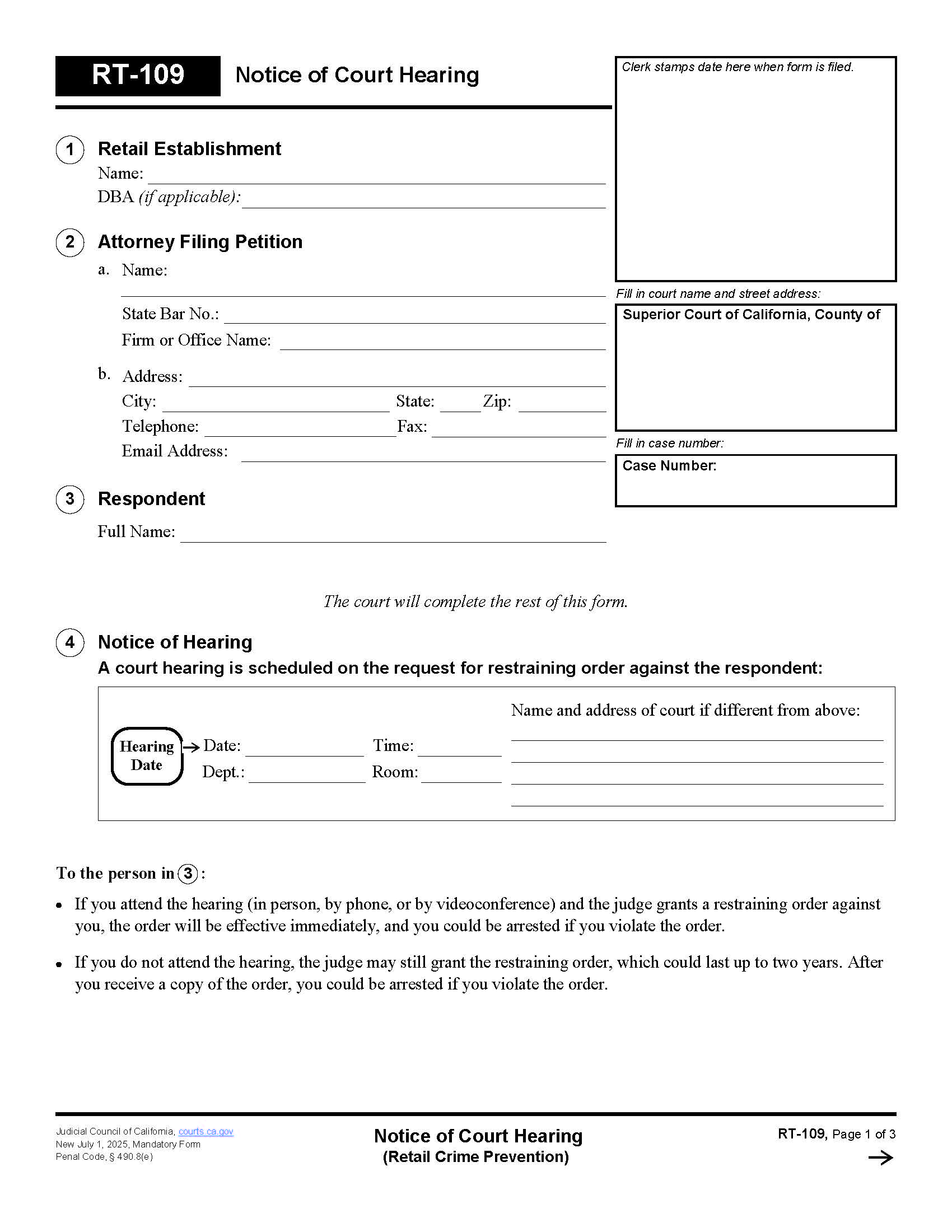 Notice Of Court Hearing (Retail Crime Prevention) {RT-109} | Pdf Fpdf Docx | California