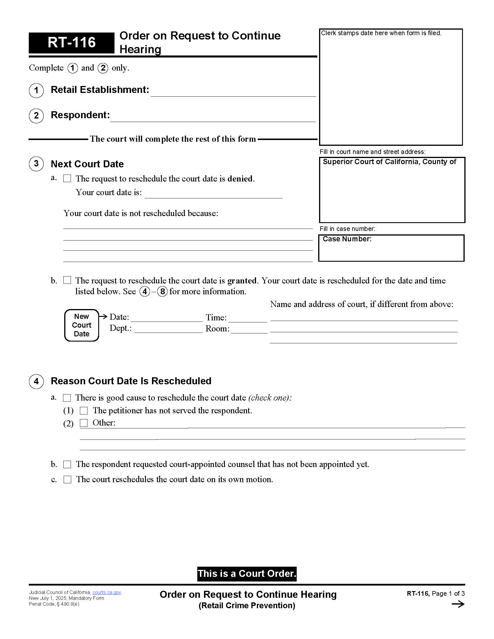 Order On Request To Continue Hearing (Retail Crime Prevention) {RT-116} | Pdf Fpdf Docx | California