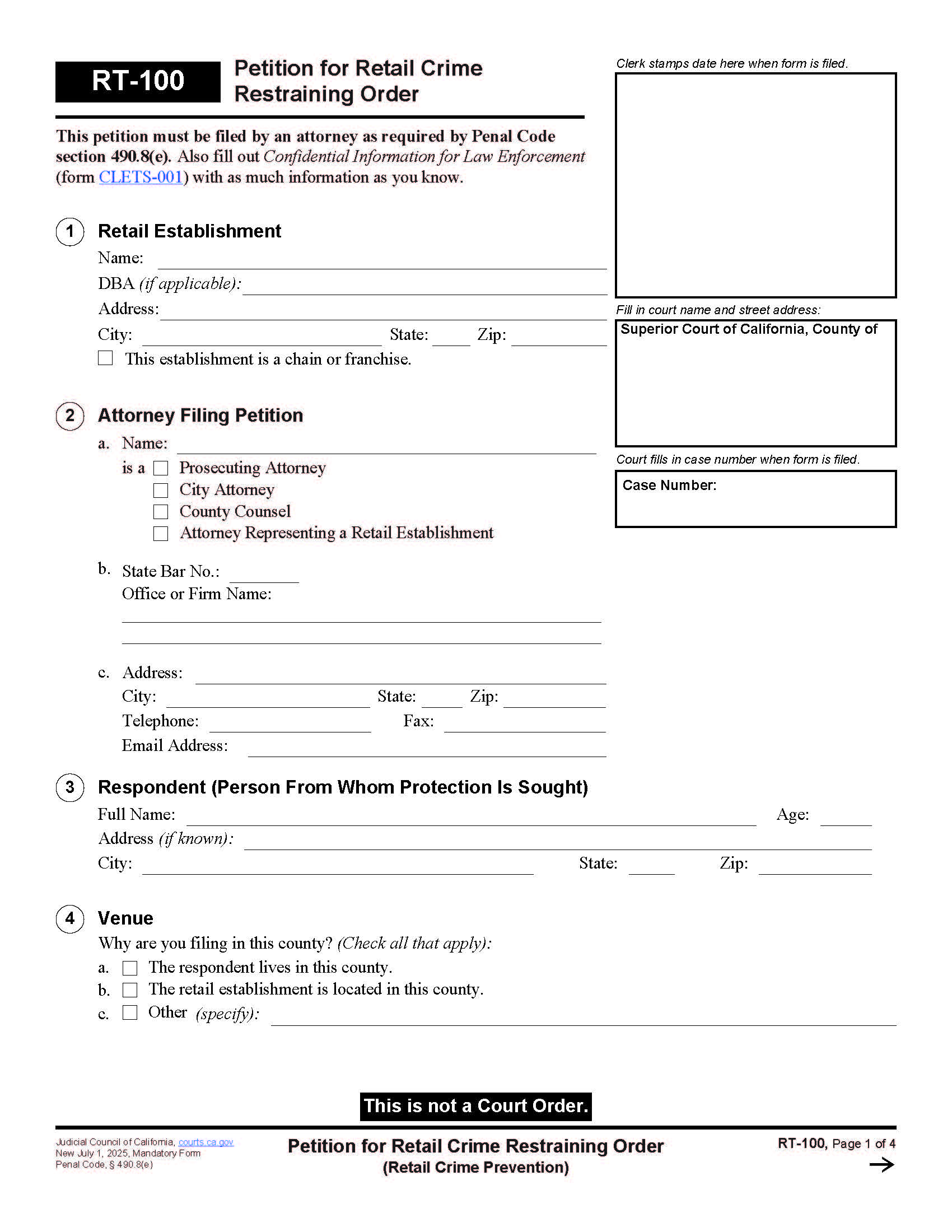 Petition For Retail Crime Restraining Order {RT-100} | Pdf Fpdf Docx | California