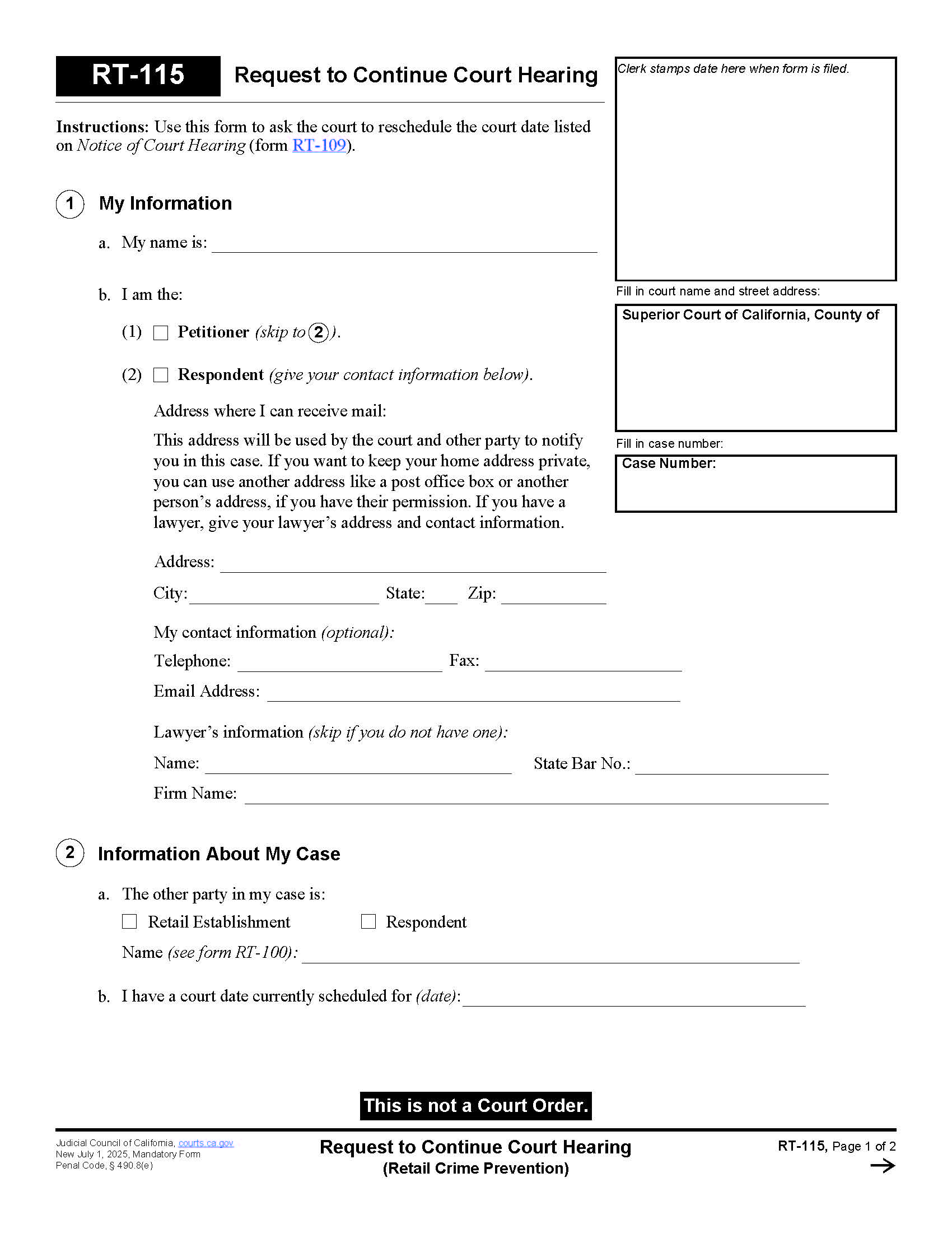 Request To Continue Court Hearing (Retail Crime Prevention) {RT-115} | Pdf Fpdf Docx | California