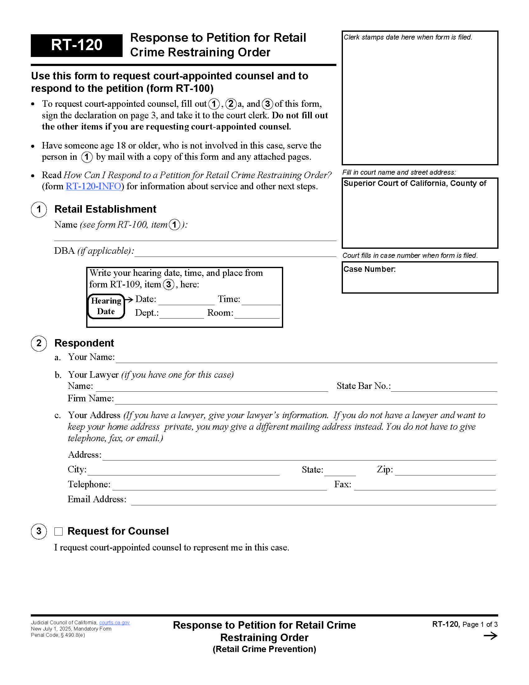 Response To Petition For Retail Crime Restraining Order {RT-120} | Pdf Fpdf Docx | California