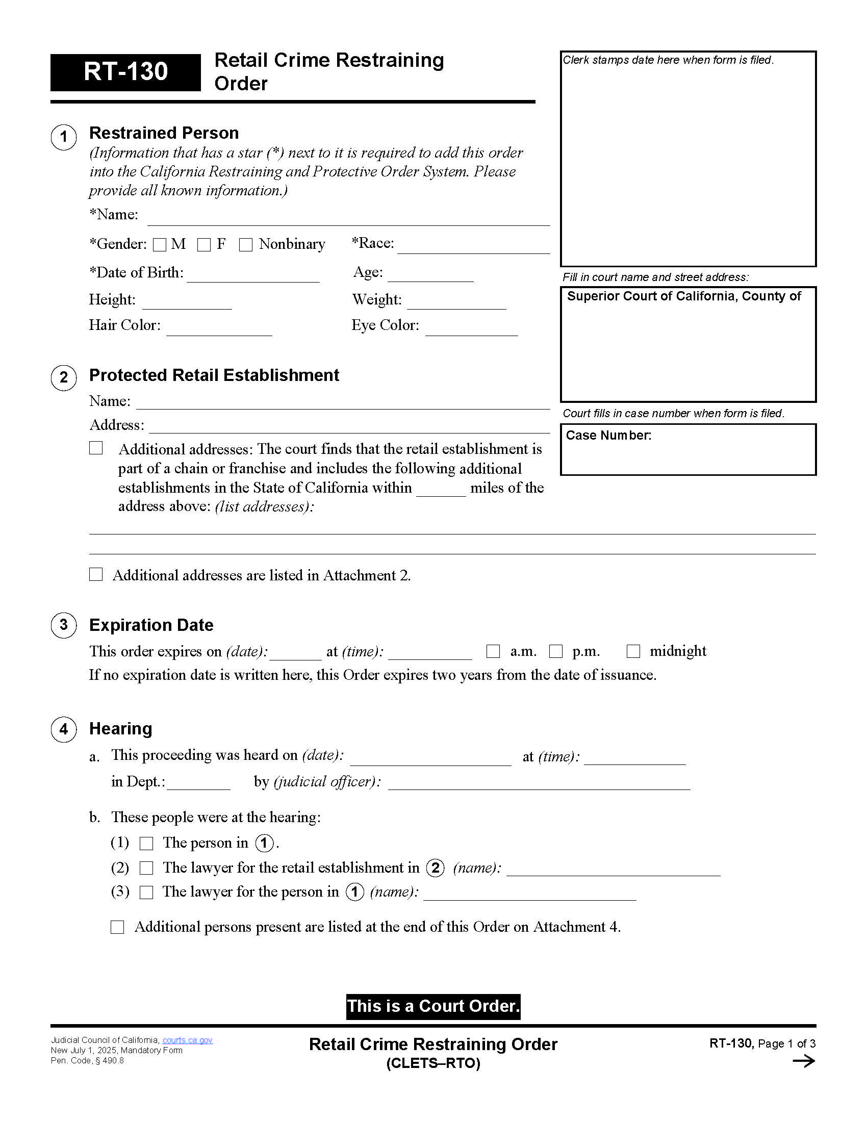 Retail Crime Restraining Order (CLETS-RTO) {RT-130} | Pdf Fpdf Docx | California