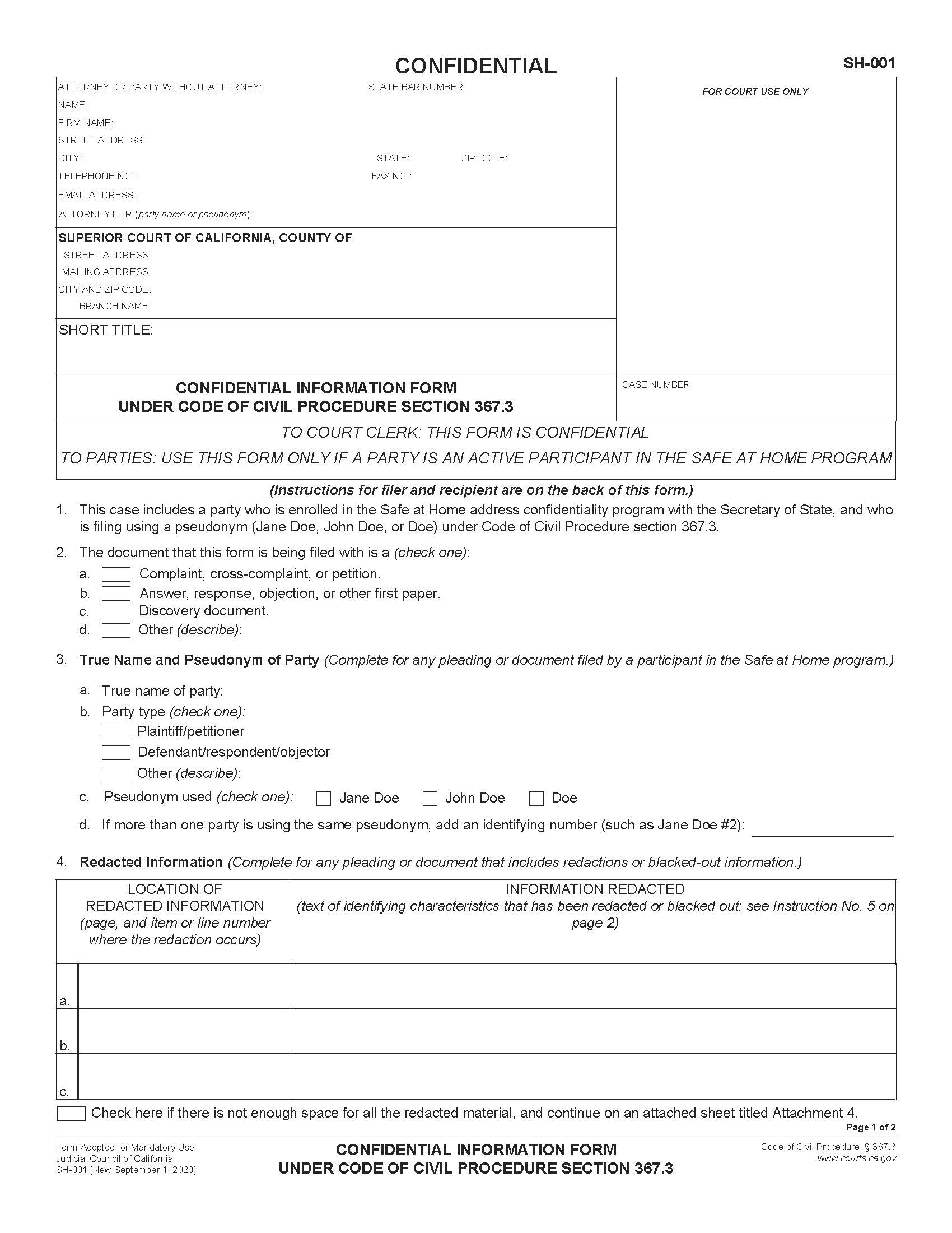 Confidential Information Form Under Code Of Civil Procedure Section 367.3 {SH-001} | Pdf Fpdf Docx | California