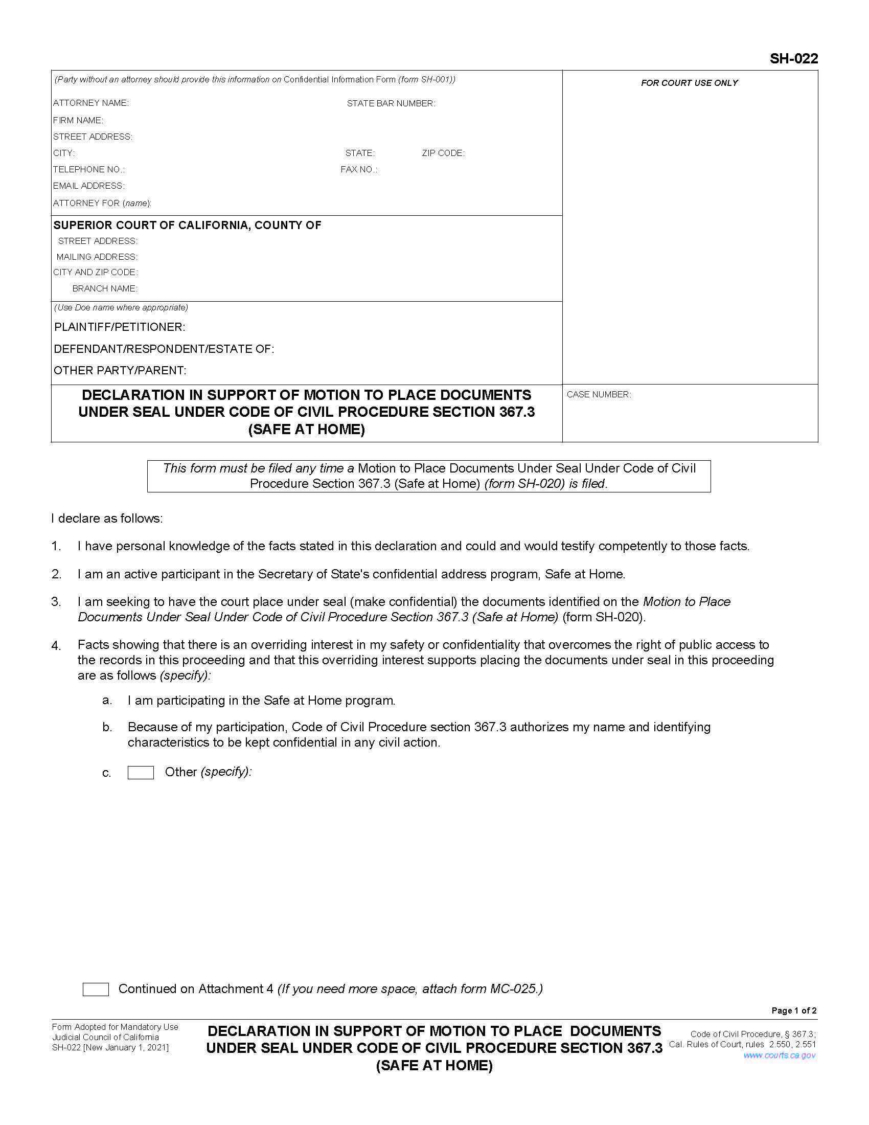 Declaration In Support Of Motion To Place Documents Under Seal (Safe At Home) {SH-022} | Pdf Fpdf Docx | California