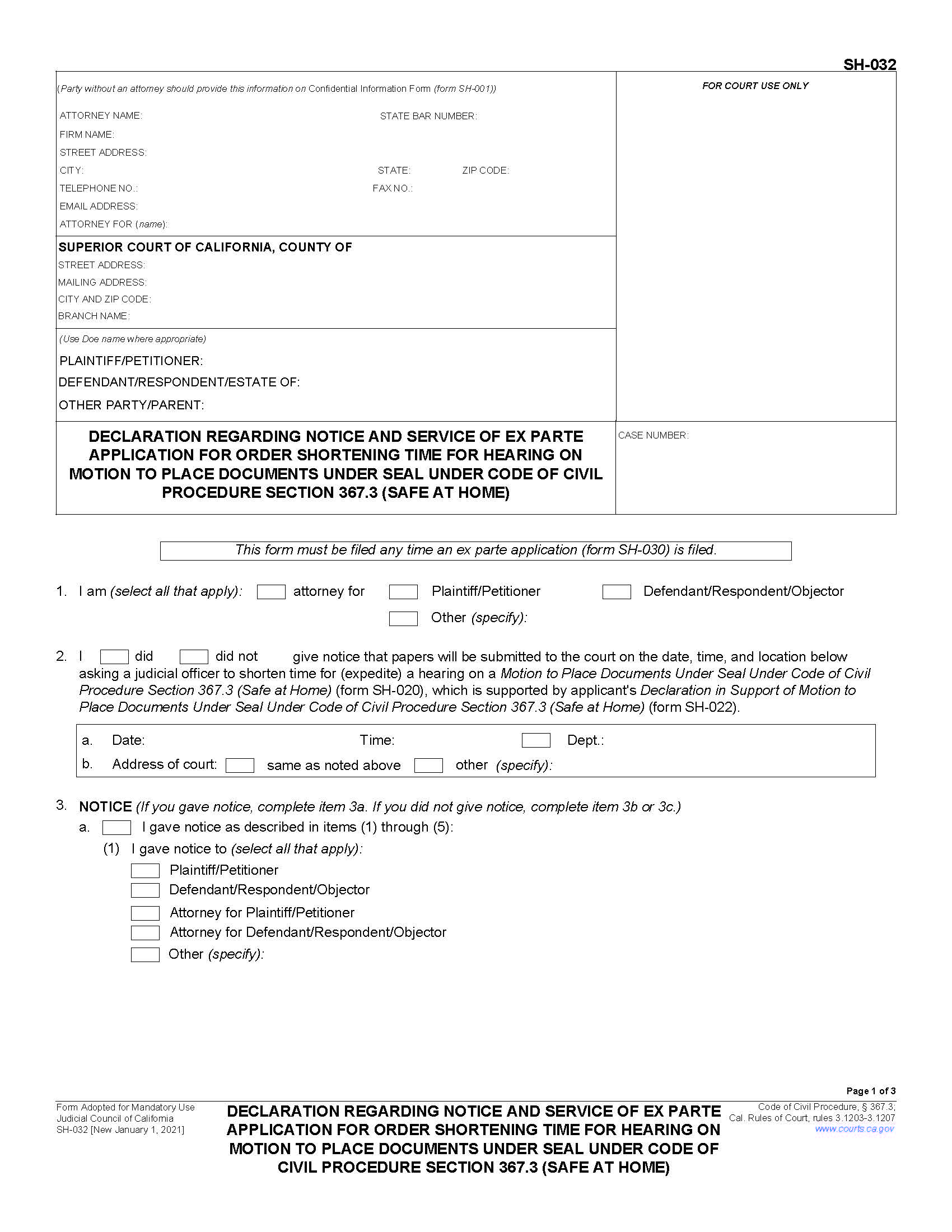 Declaration Regarding Notice And Service Of Ex Parte Application (Safe At Home) {SH-032} | Pdf Fpdf Docx | California