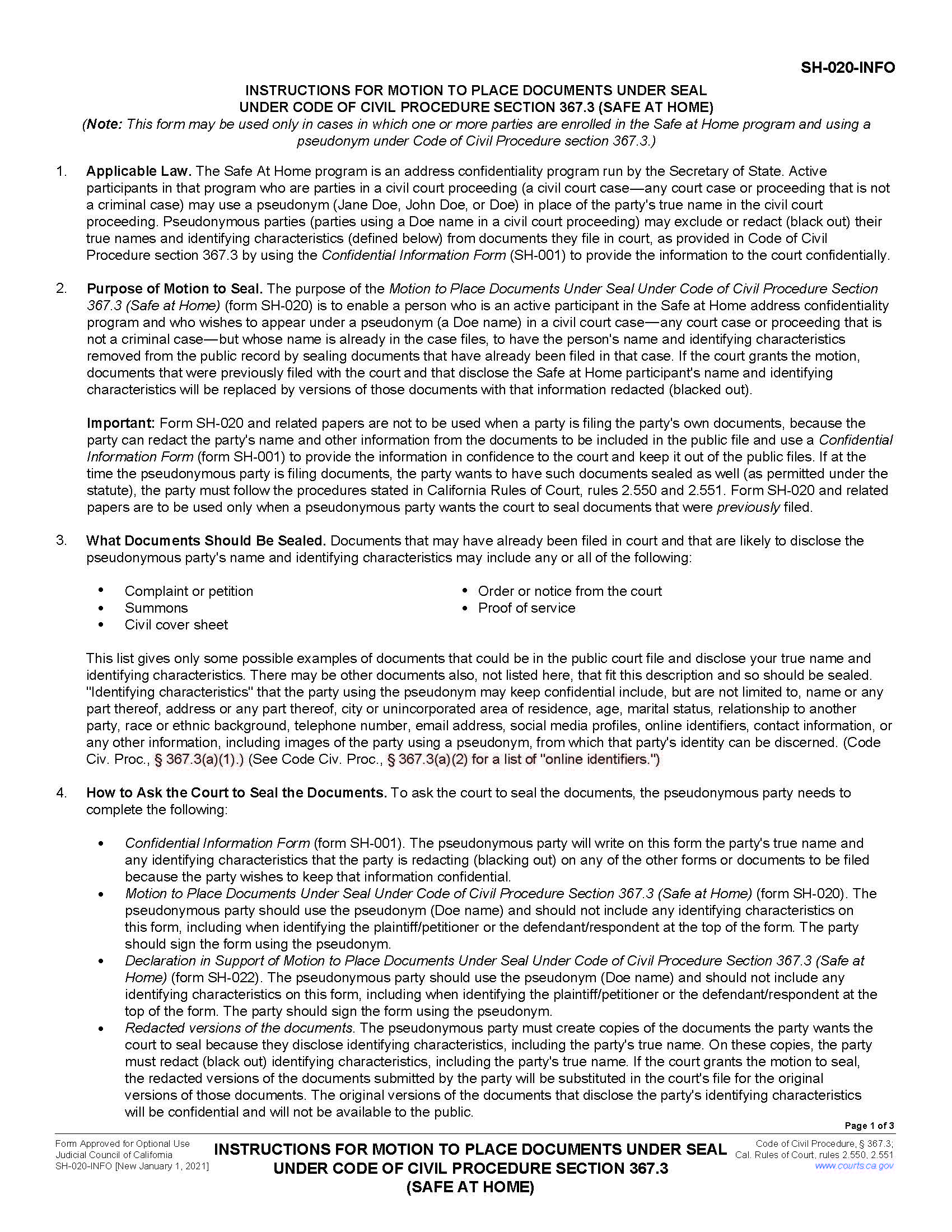 Instructions For Motion To Place Documents Under Seal (Safe At Home) {SH-020-INFO} | Pdf Fpdf Docx | California