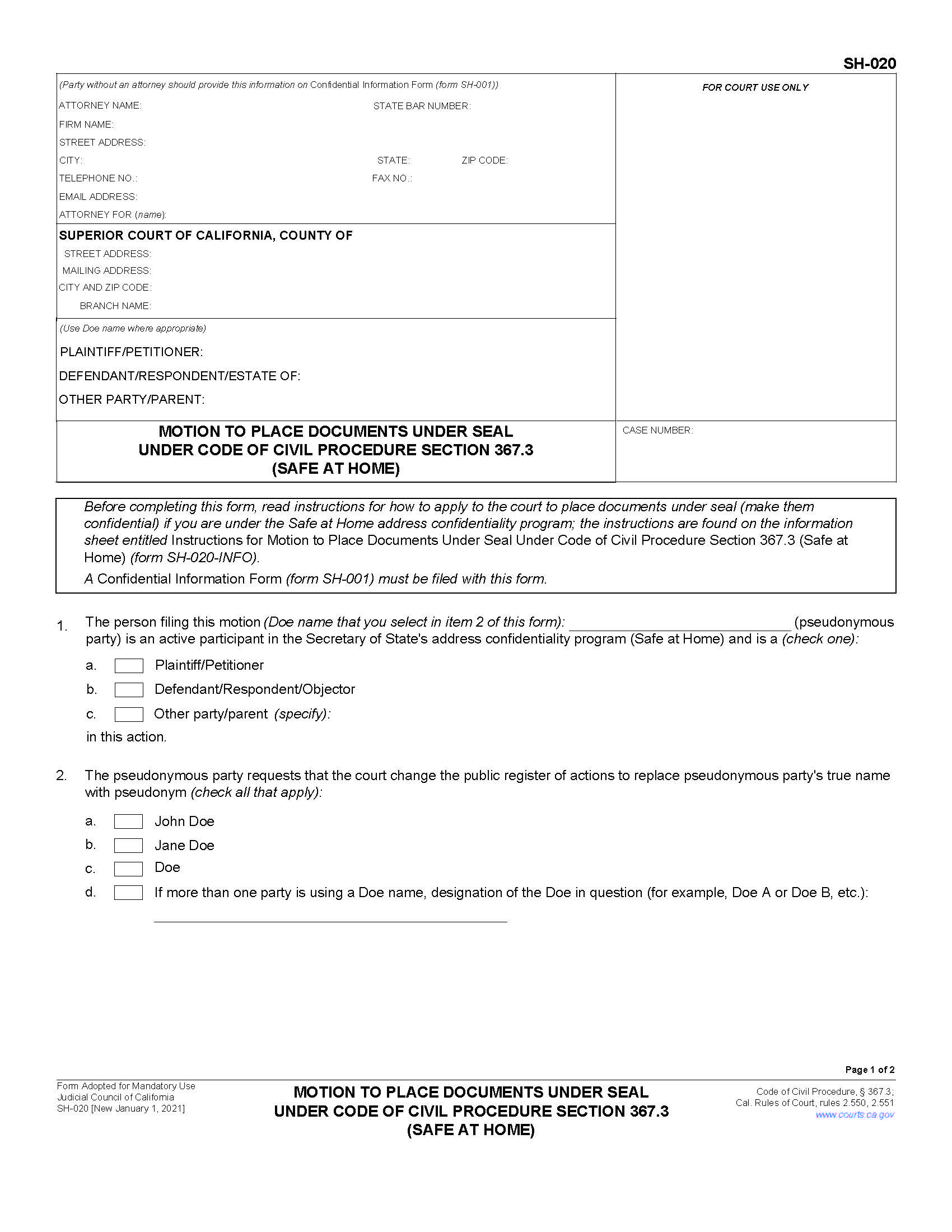Motion To Place Documents Under Seal (Safe At Home) {SH-020} | Pdf Fpdf Docx | California