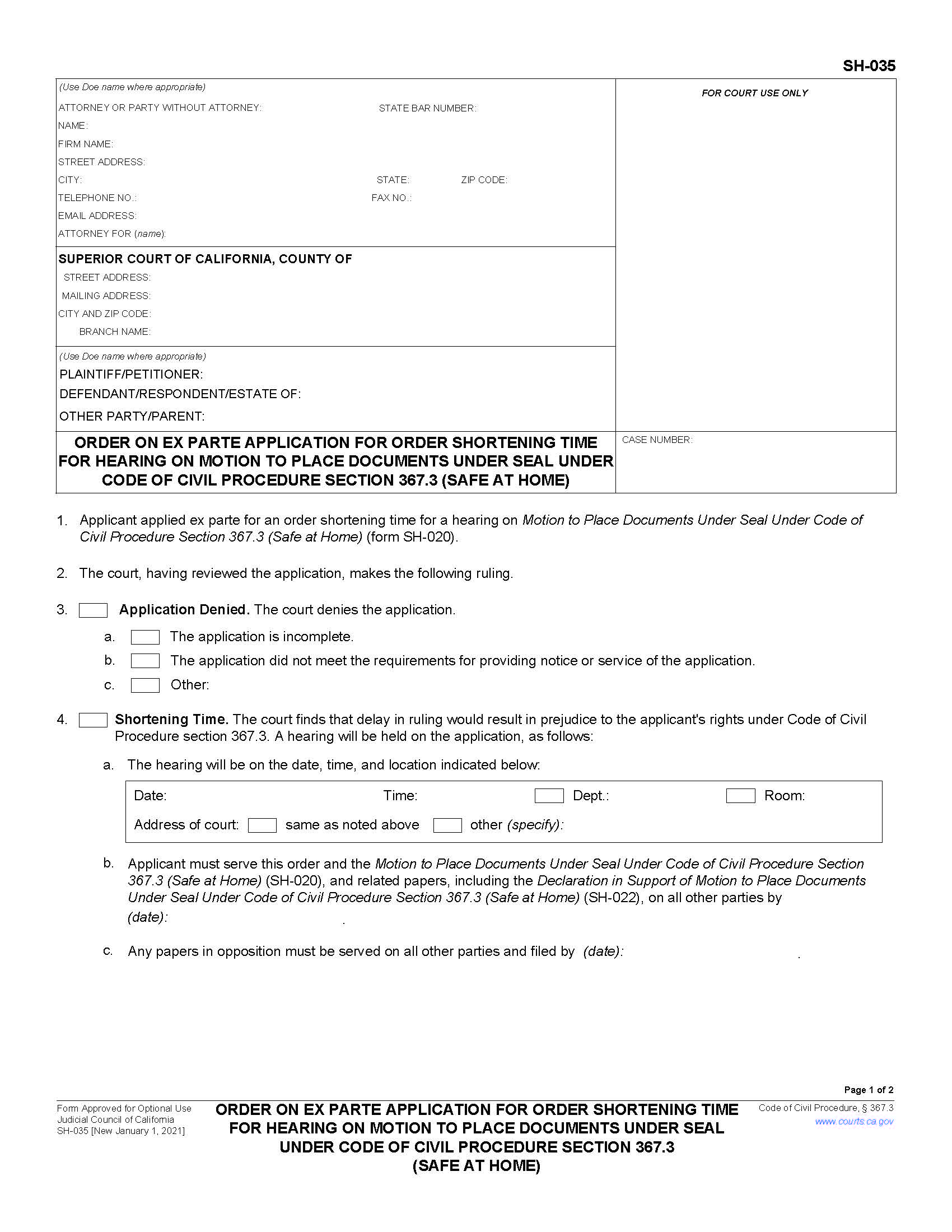 Order On Ex Parte Application For Order Shortening Time (Safe At Home) {SH-035} | Pdf Fpdf Docx | California