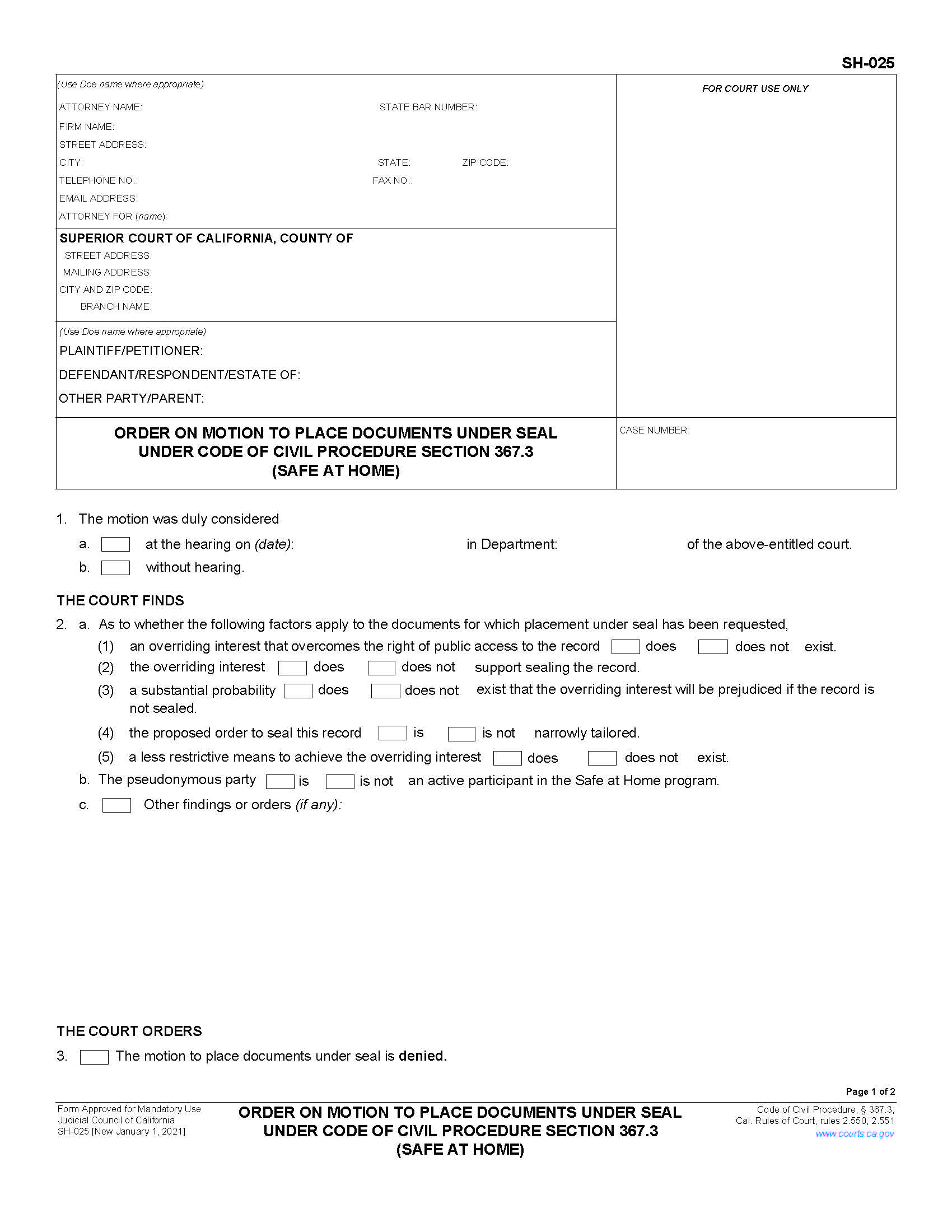 Order On Motion To Place Documents Under Seal (Safe At Home) {SH-025} | Pdf Fpdf Docx | California
