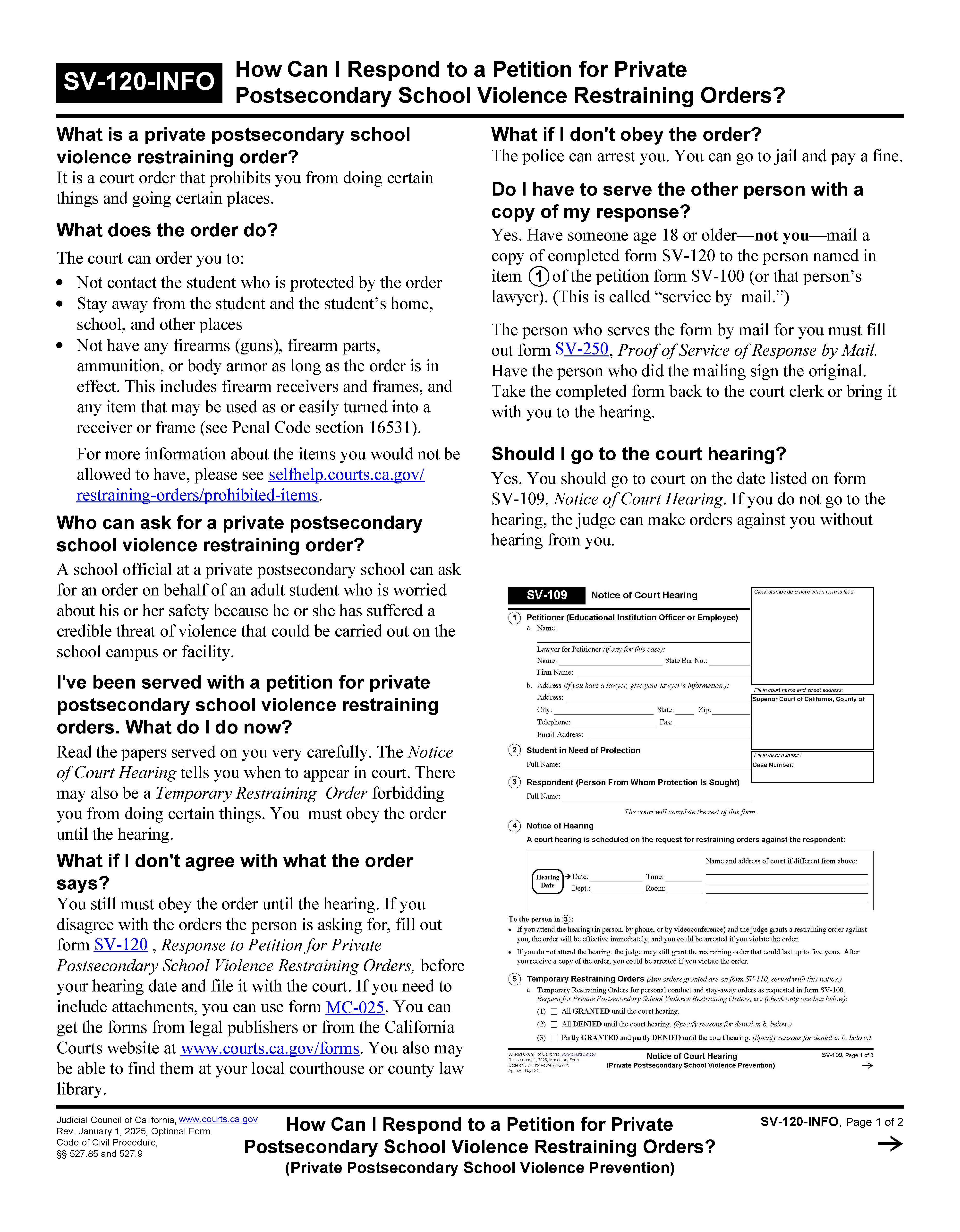 How Can I Respond To A Petition For Private Postsecondary School Violence Restraining Orders {SV-120-INFO} | Pdf Fpdf Doc Docx | California